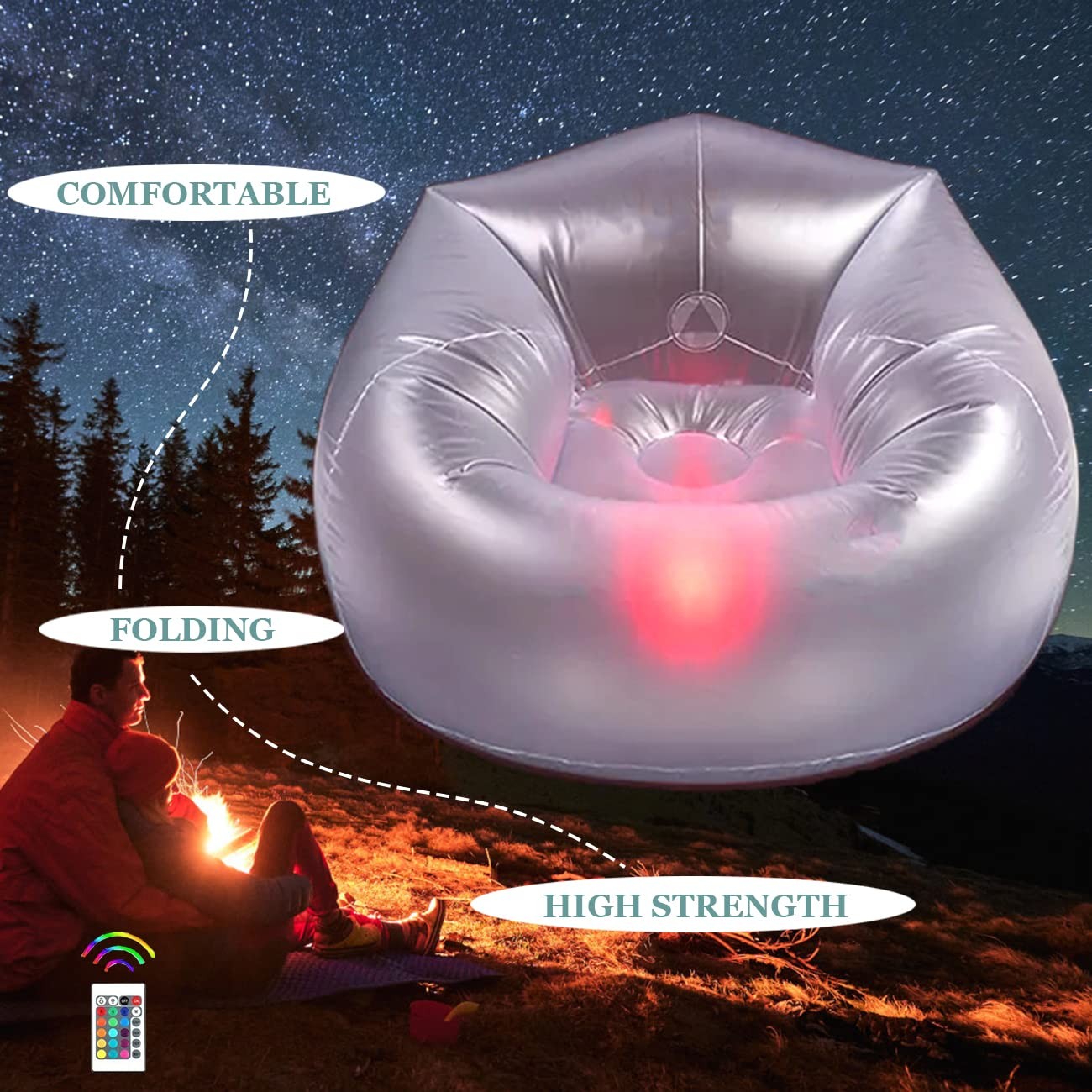 Balabulala Inflatable LED Couch for Kids,Illuminated Blow Single Size, White