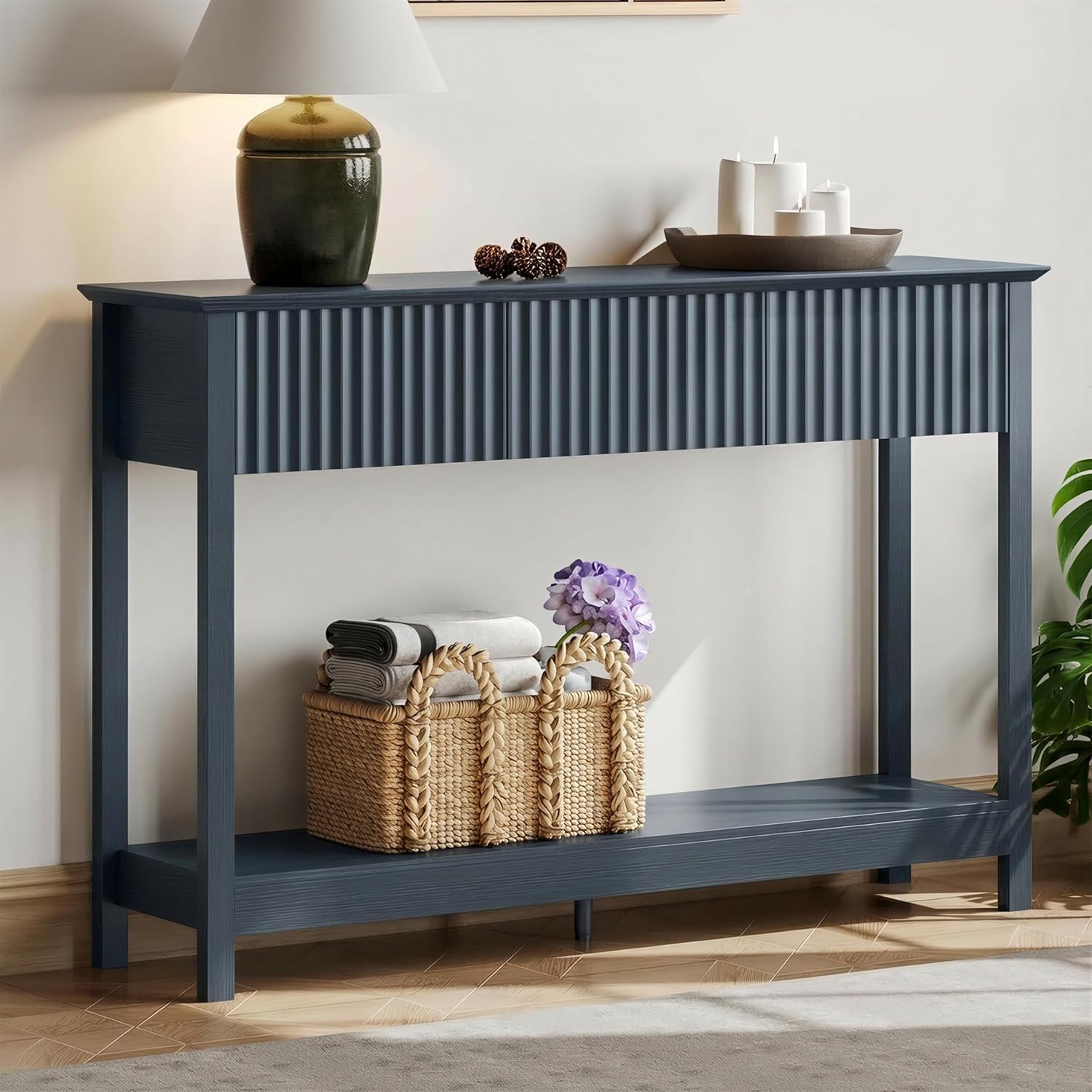 47" Fluted Console Table W/ 3 Drawers Narrow Long Entryway Table W/ Storage &