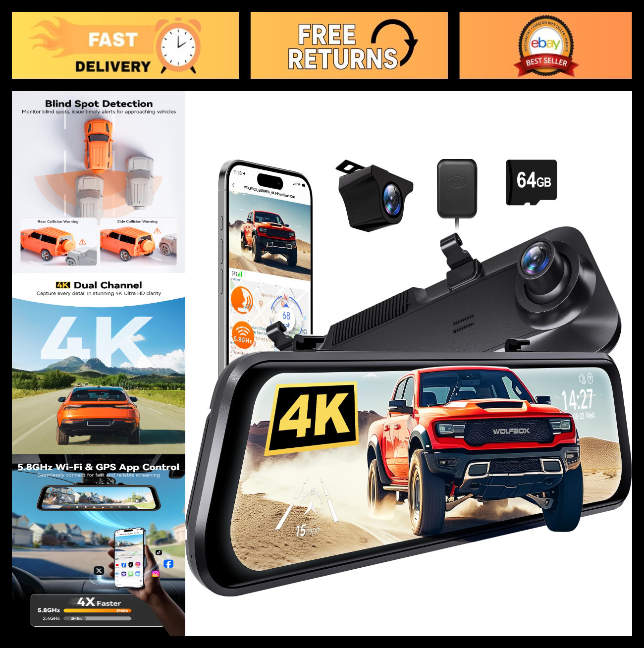 4K Mirror Dash Cam with ADAS, BSD, 64GB Card, WiFi, Voice Control, Night Vision,