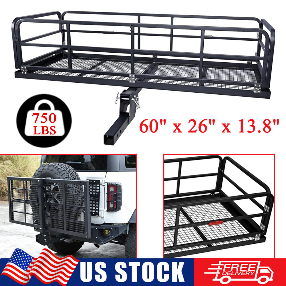 750lb Folding Trailer Hitch Mount Cargo Carrier Basket Rear Luggage Rack Camping