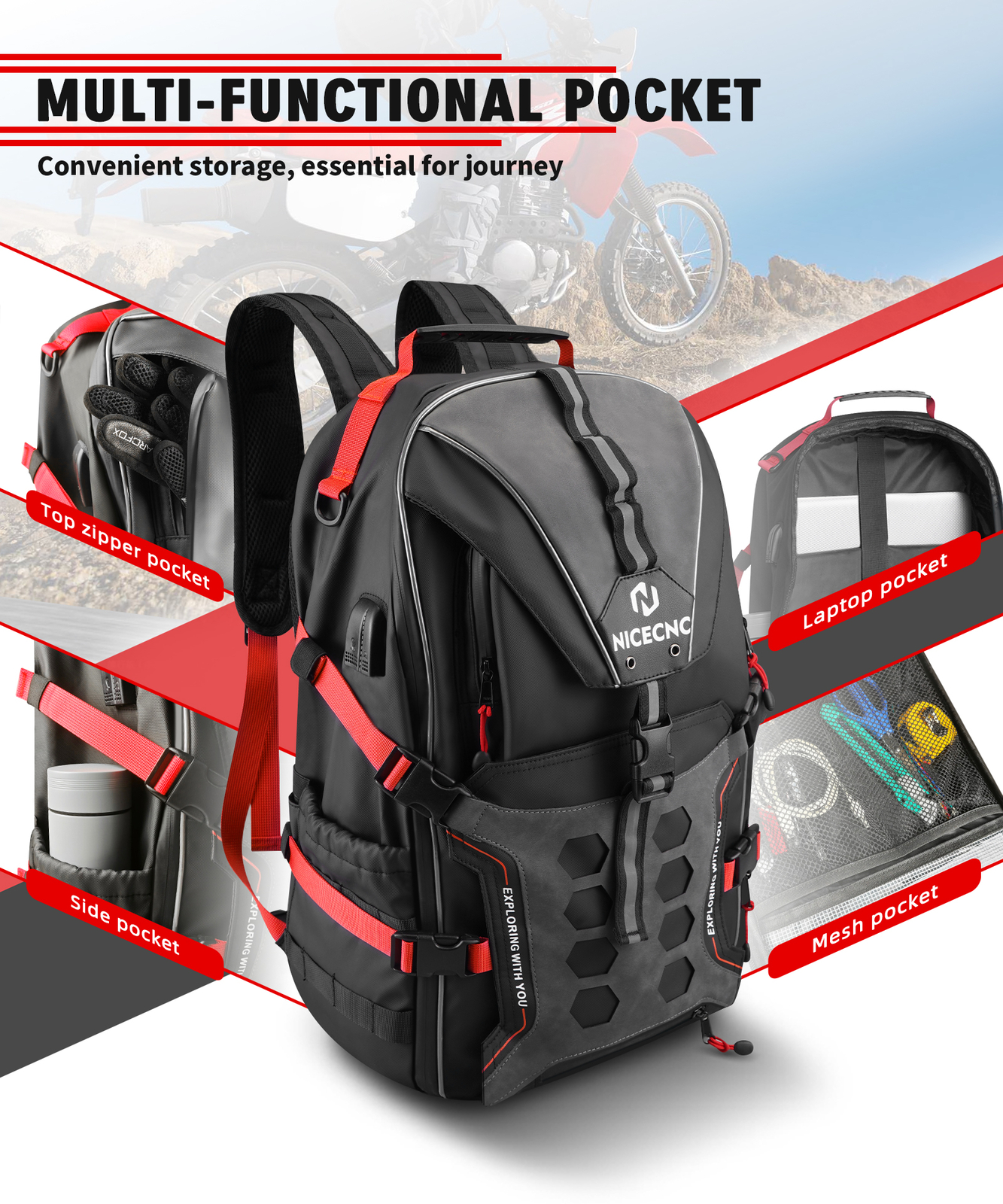 Motorcycle Backpack Waterproof Helmet Luggage Backpack Bag Men Accessories Red