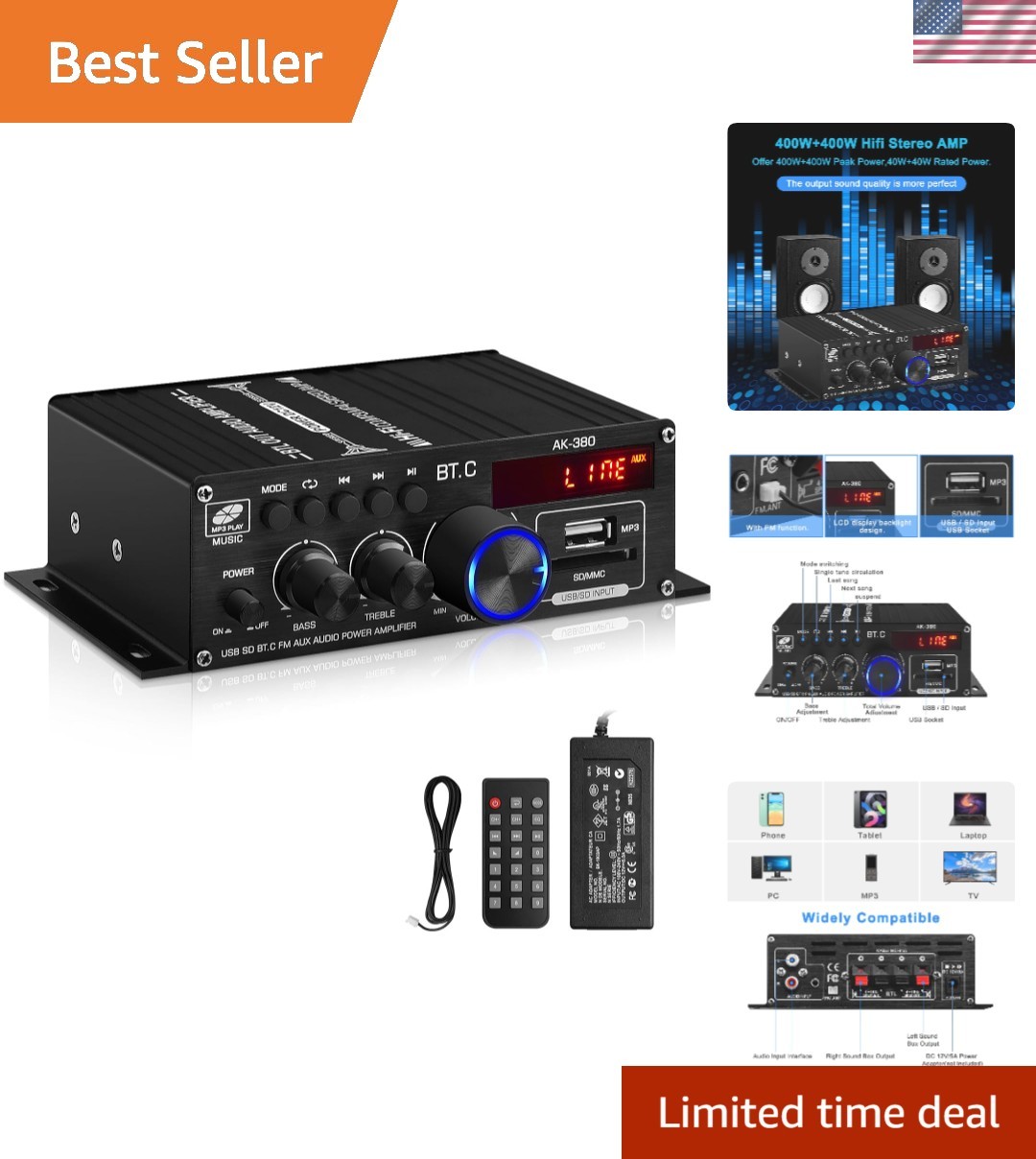 Multi-Functional 40W+40W Bluetooth Speaker Amplifier with Remote & LCD Display