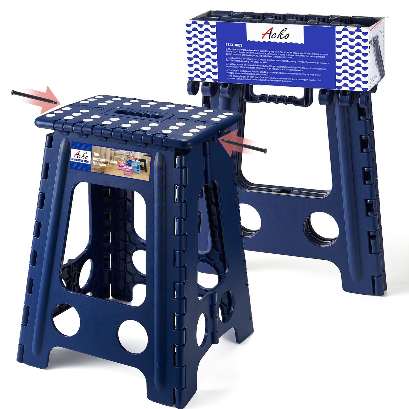 Folding Step Stool set 17.5 Inch Heavy Duty 400 lbs Stool Royal Blue