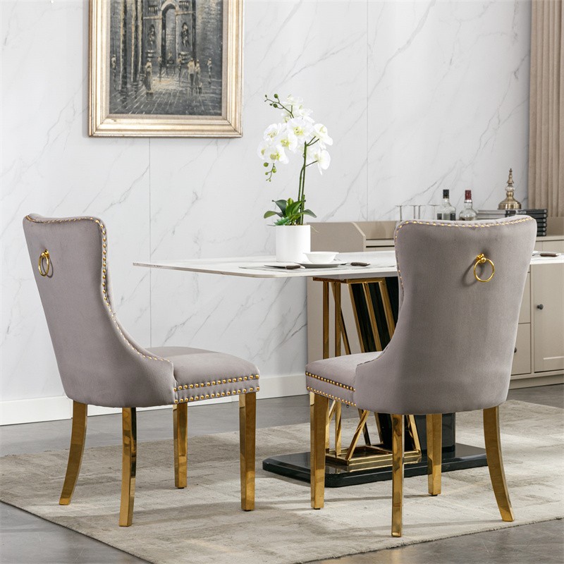 Set of 2 High-end Tufted Velvet Upholstered Dining Chairs with Golden Steel Legs