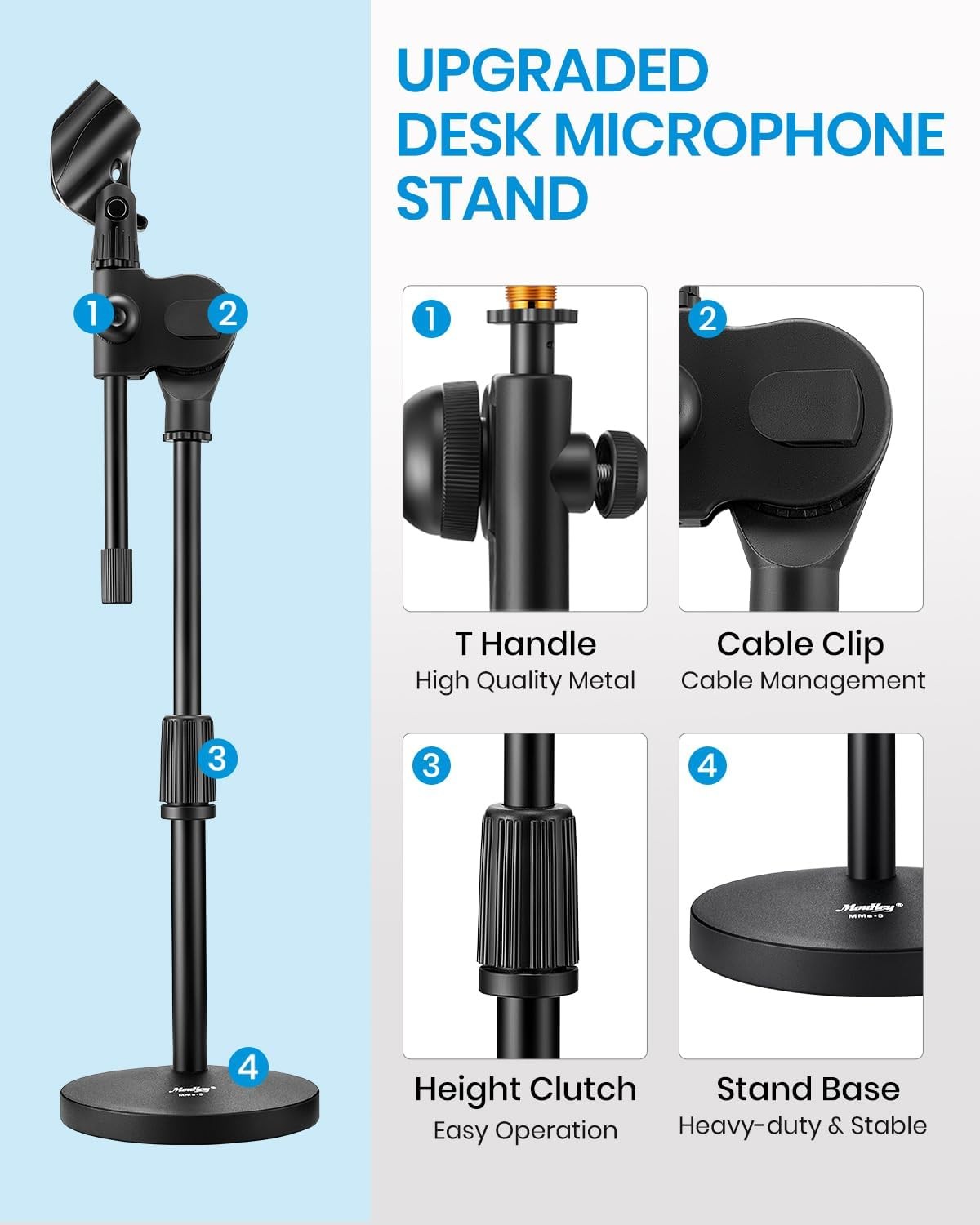 Moukey Mic Stand Desk Adjustable Tabletop Microphone Stand with Non-Slip Mic Cli