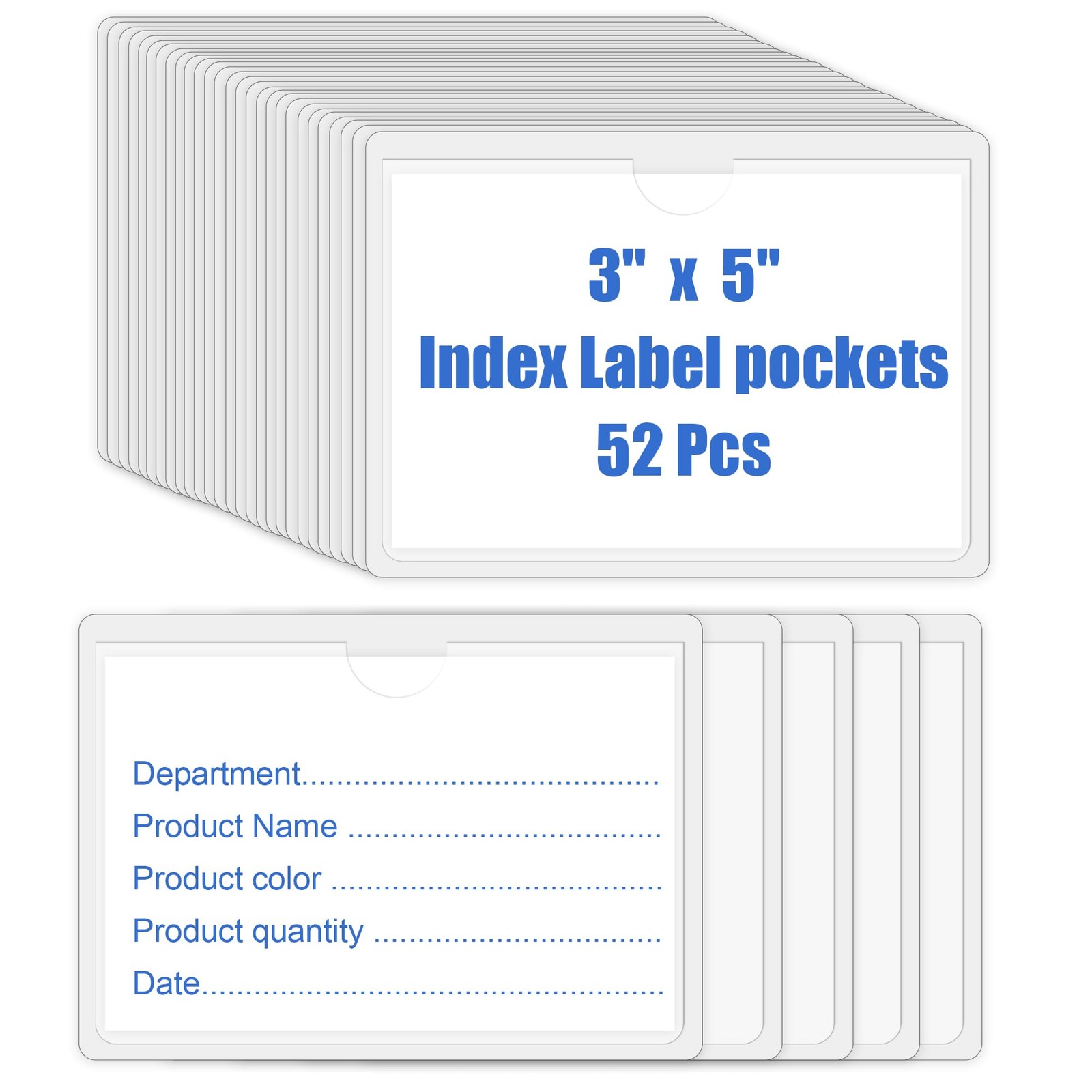 52PCS Clear Index Card Pockets Self-Adhesive 3"X5" Top Open Label Holder, Pre