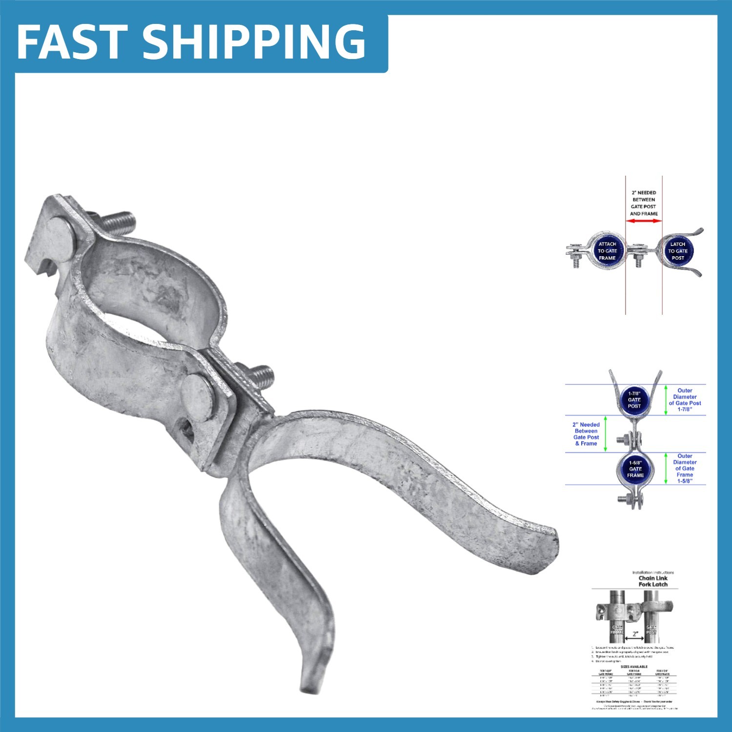 1-5/8" x 1-7/8" Galvanized Chain Link Fence Gate Fork Latch with Padlock Hole