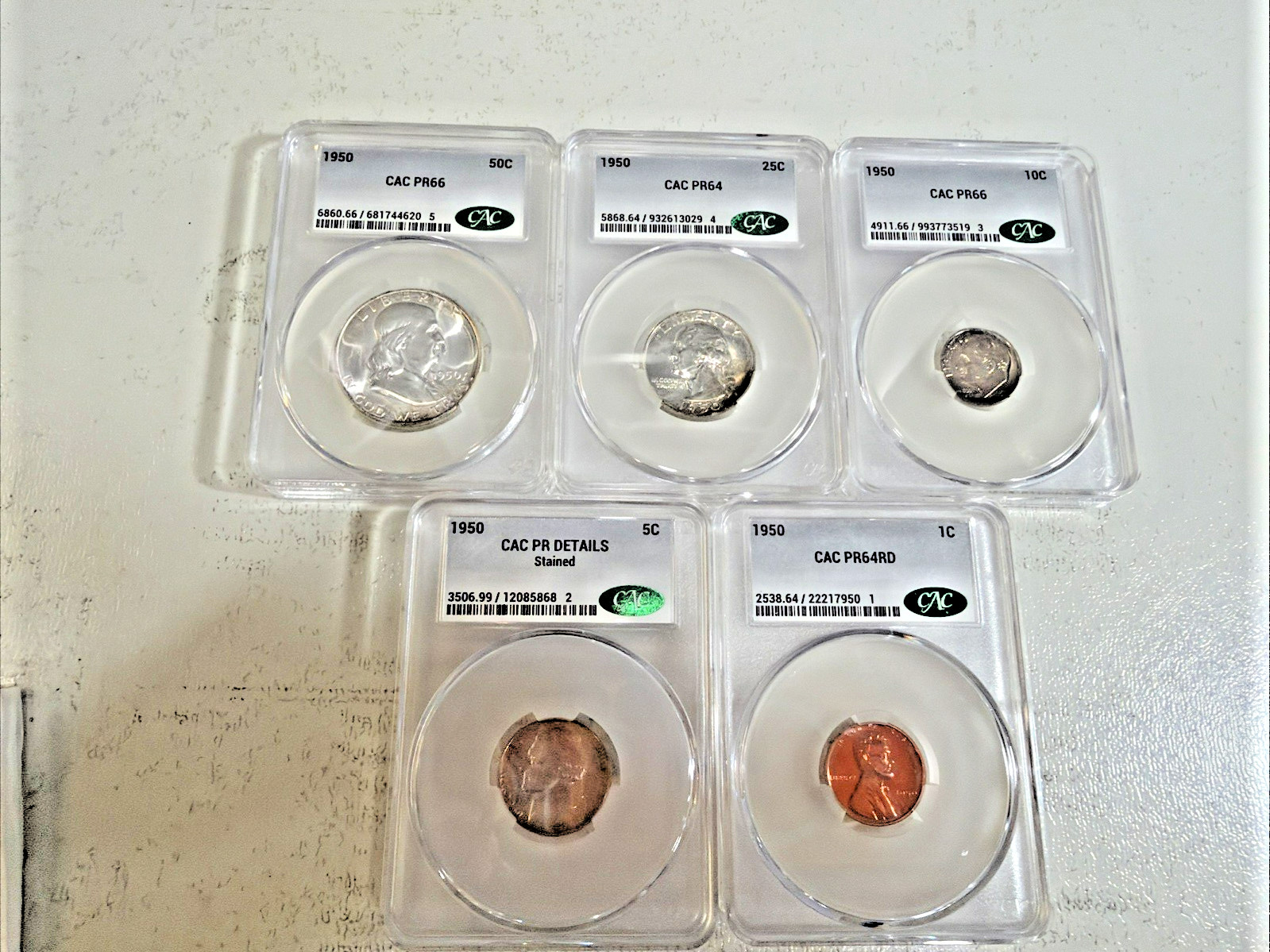 1950 CAC Proof Set PR 66, 64, 66, Nickel PR Details. Cent PR 64 Red