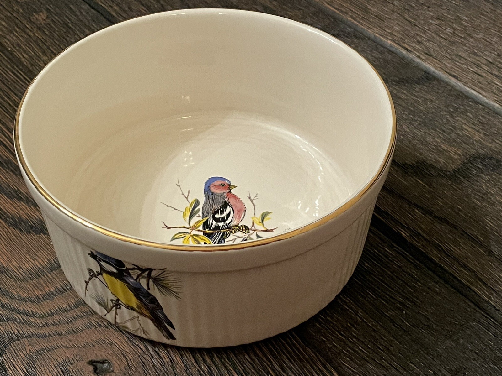 White Gold Rimmed Casserole Bowl w/ Birds