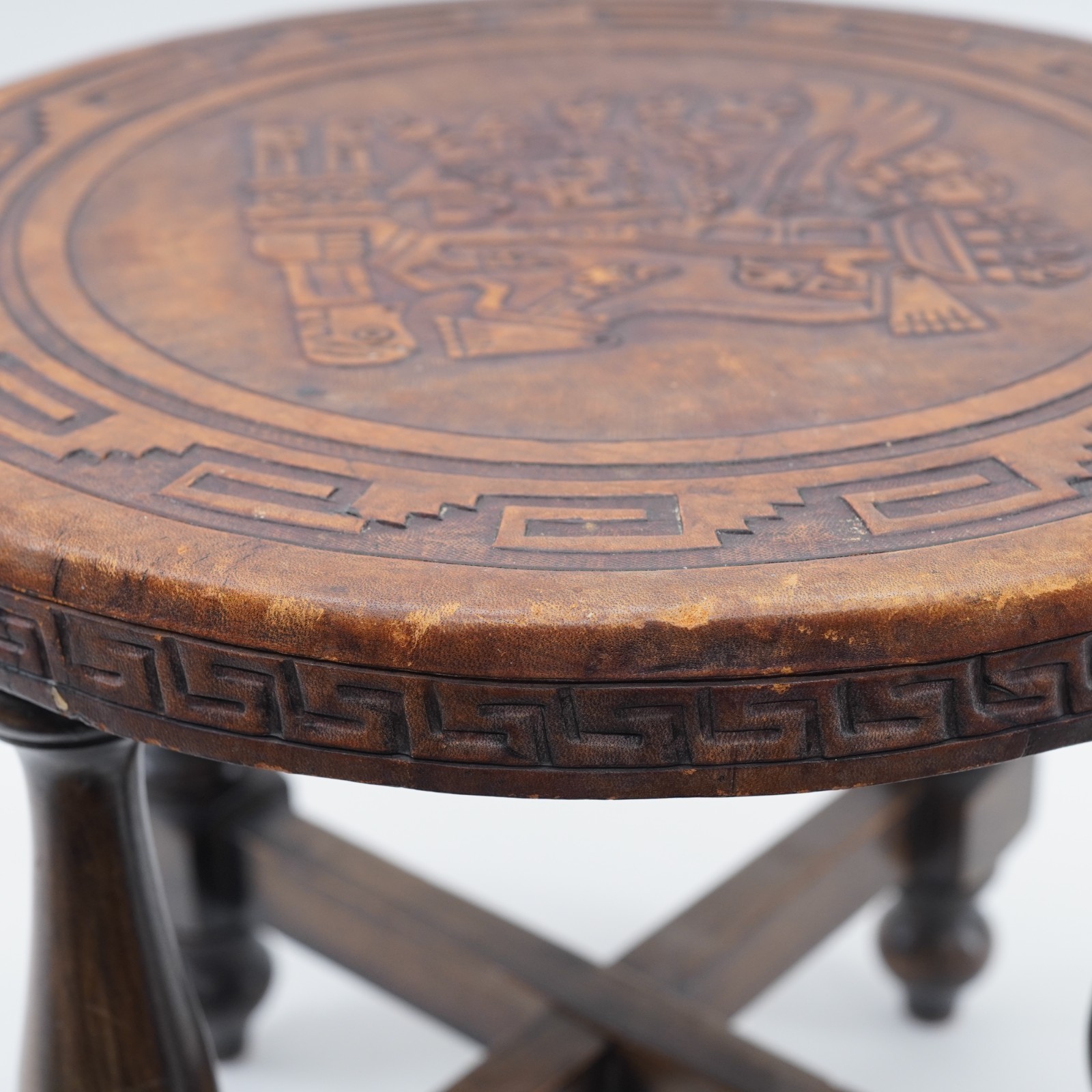 Hand Tooled Leather Top Wooden Stool Ottoman Ethnic Peru Mayan Aztec Warrior