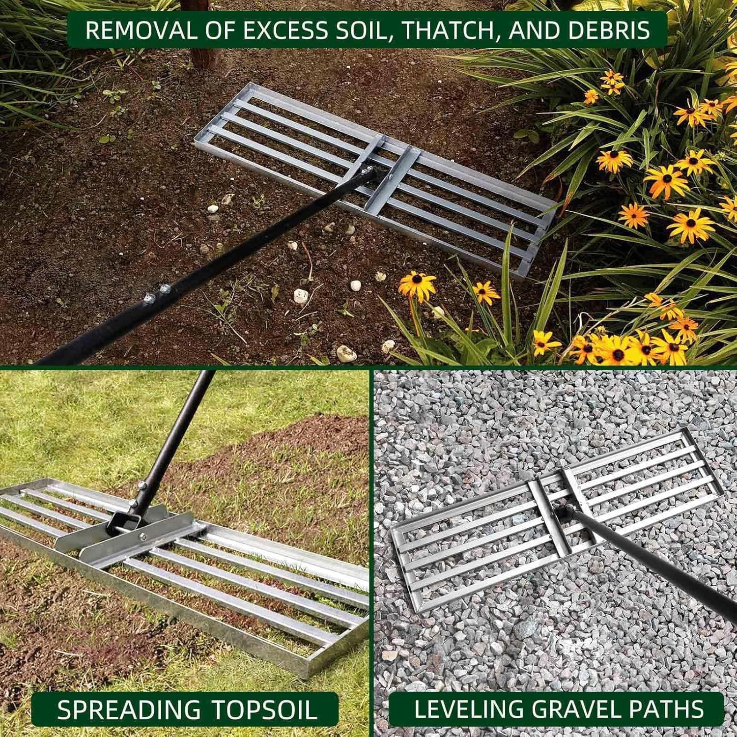Stainless Steel Lawn Leveling Rake with 36-Inch Head & Detachable 69-Inch Handle