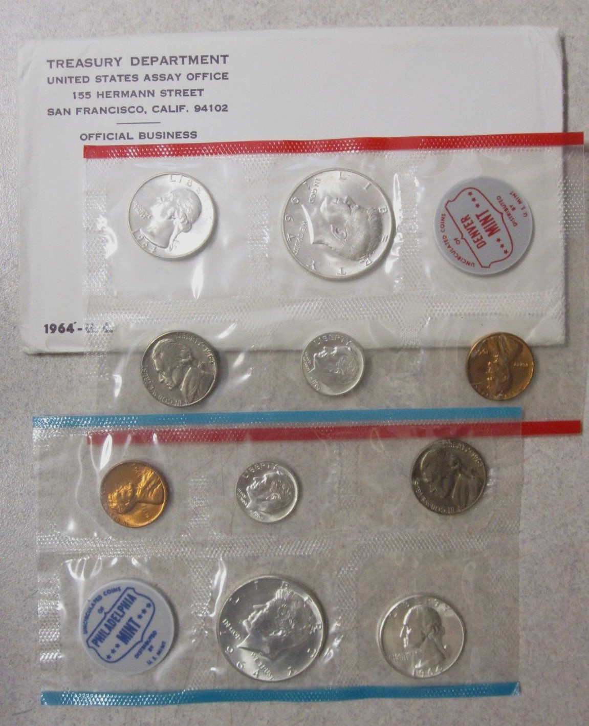 1964-P&D Silver US Mint Unc. Set Complete 10-Coin Set in Original Mint Envelope