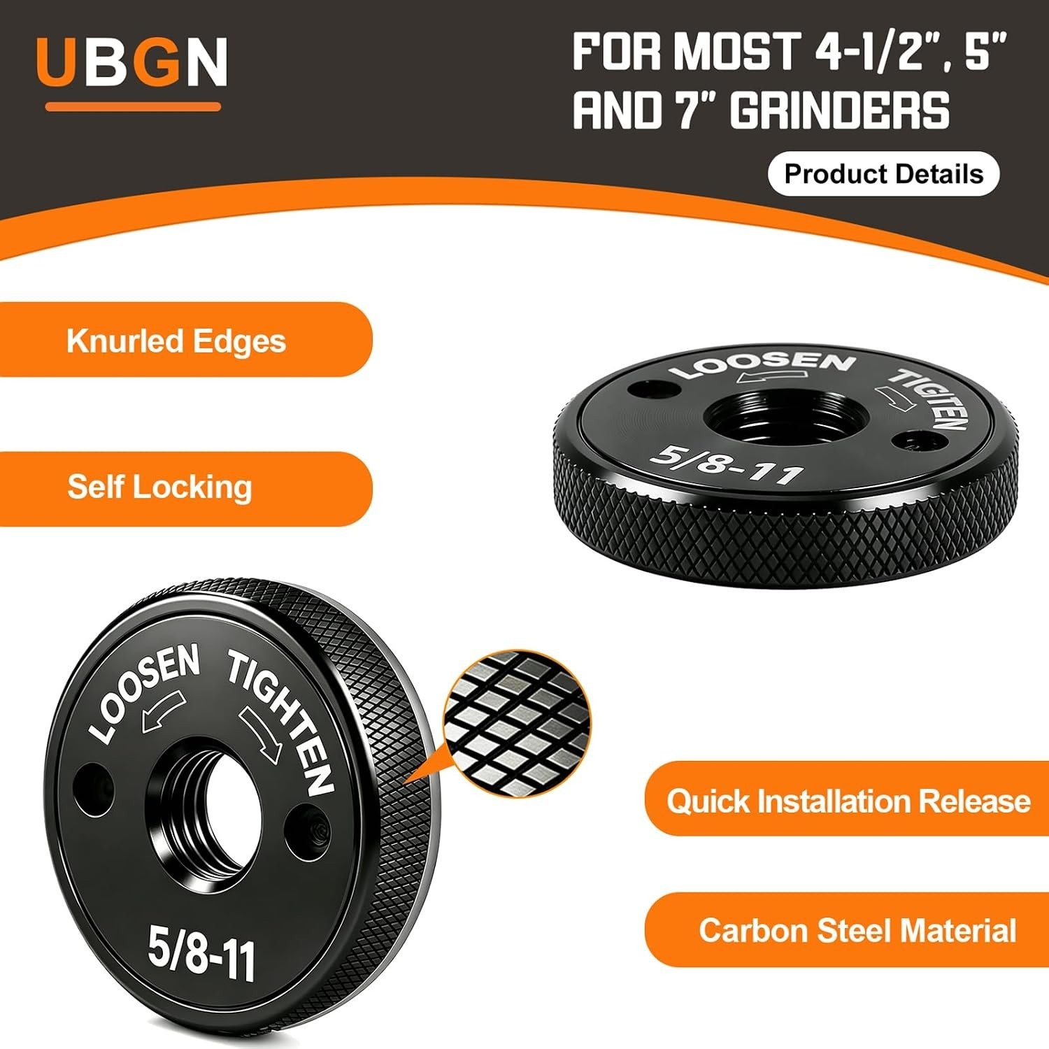 Quick Release Angle Grinder Nut 5/8"-11, Self Locking Flange Nut, Tool-Free G...