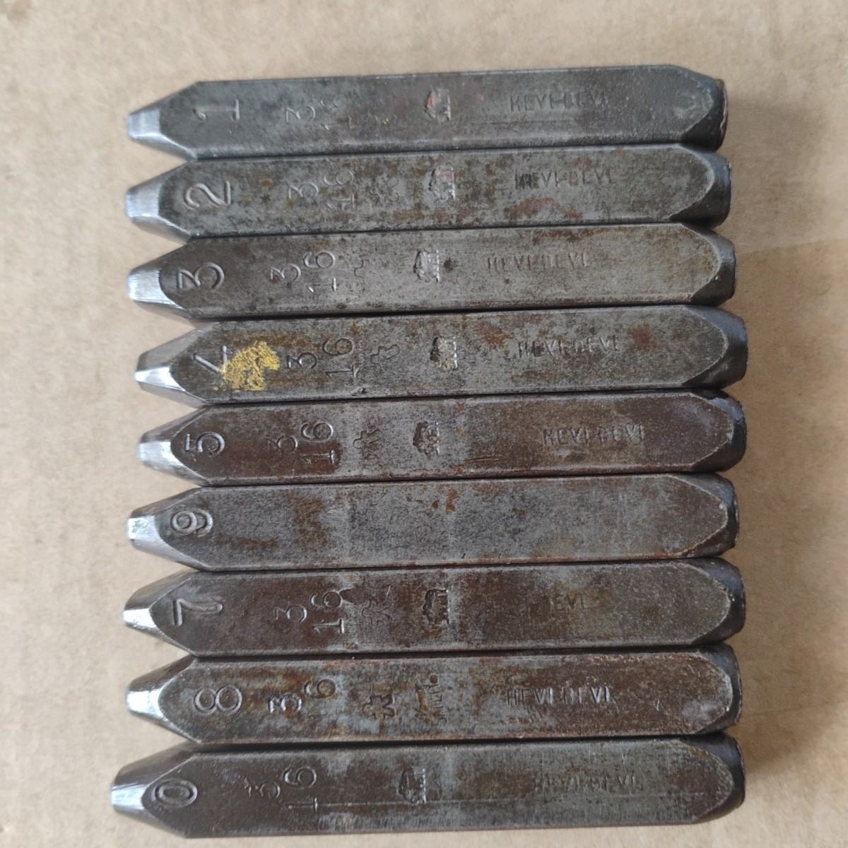 Vintage Set Of Hevi-Bevl Steel Metal Number Stamps No. 0 - 8 Without Block