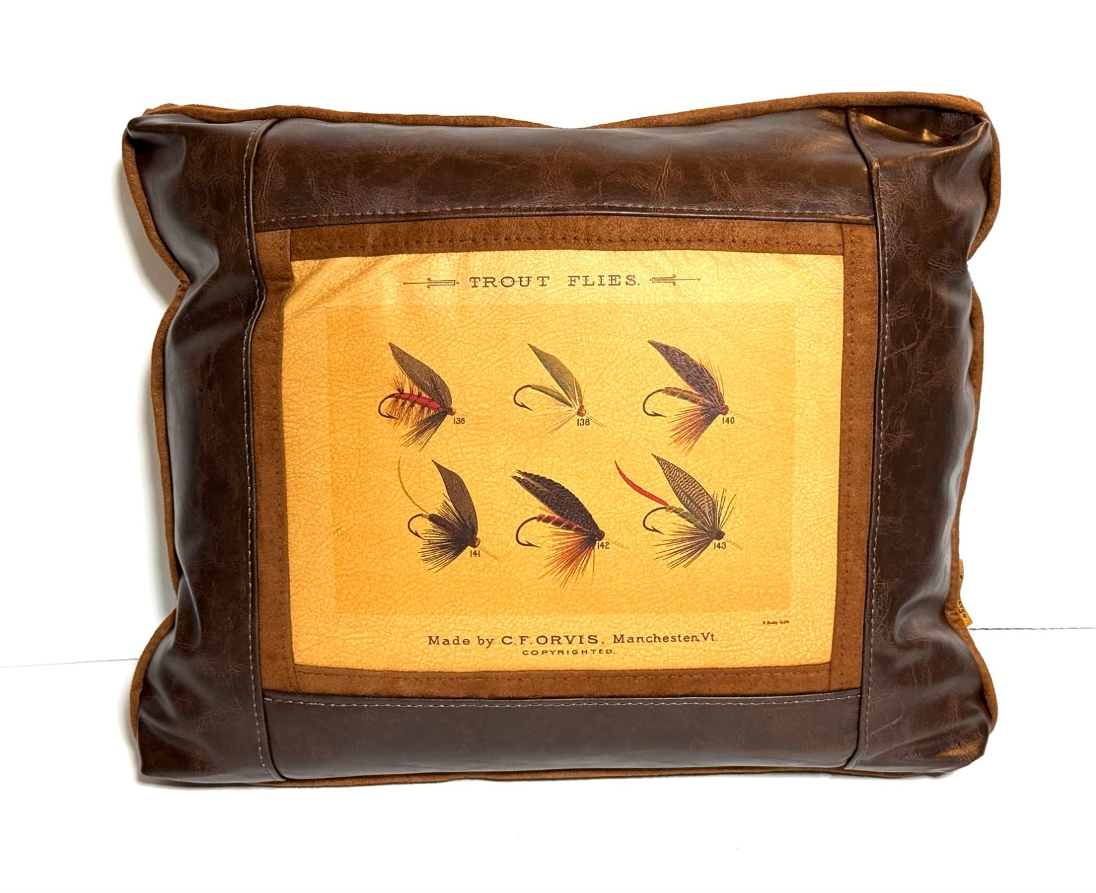 Sweetwater Couch Pillow C.F. Orvis Leather Trout Fly Fishing Print 16x13x6