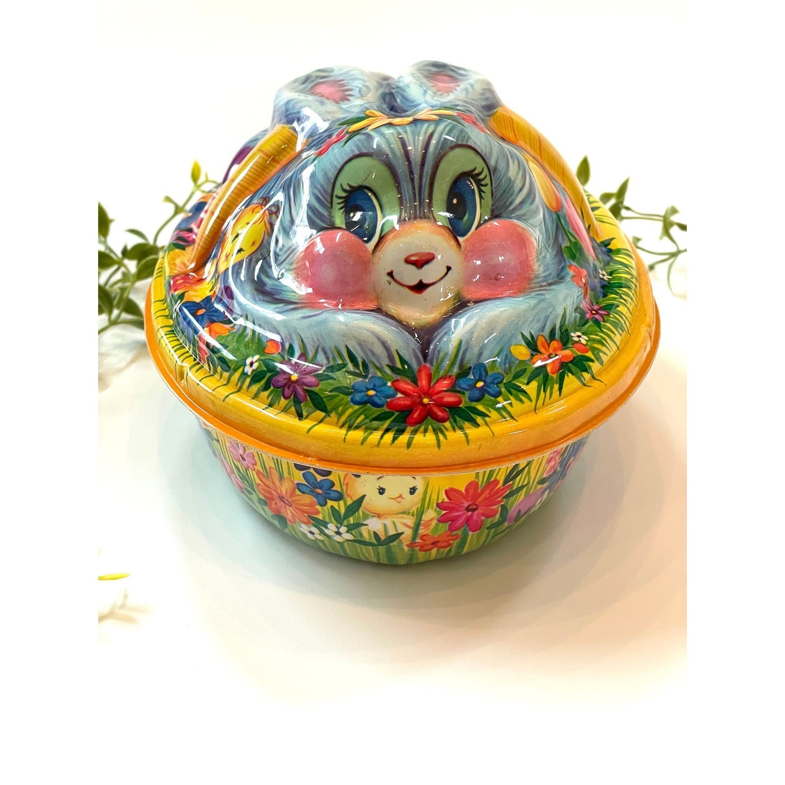 Vintage Kitsch Easter Bunny Basket: Plastic Egg Rabbit Spring Decor