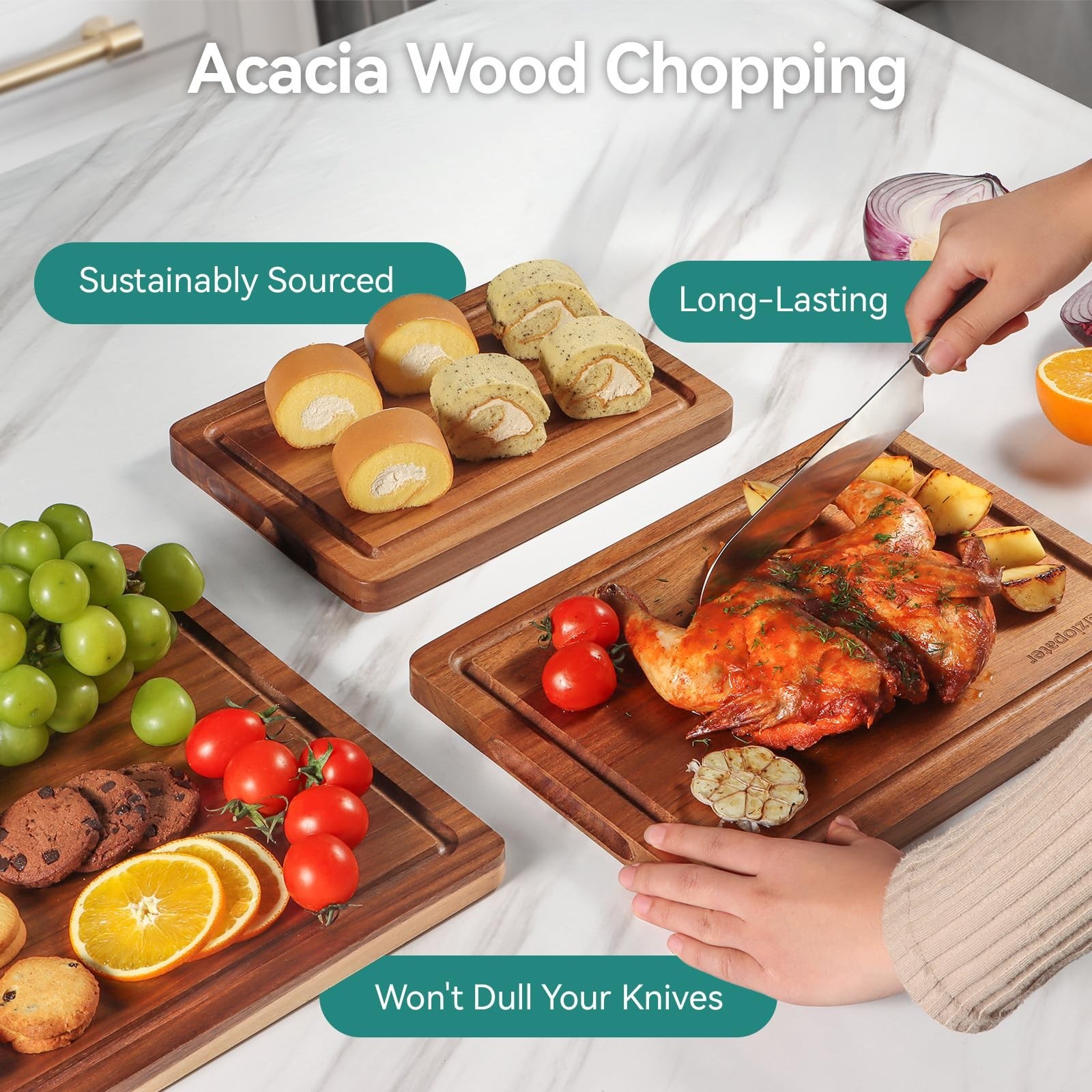 Wood Cutting Board Set, 3-Piece Rectangular Boards for Kitchen, 18x12x0.75 In...
