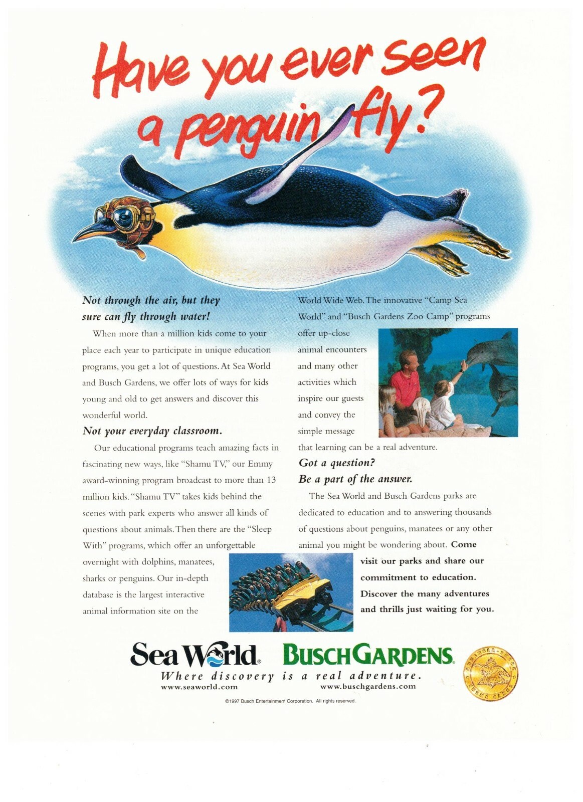 1997 Sea World Busch Gardens Penguin Fly Vintage Print Advertisement