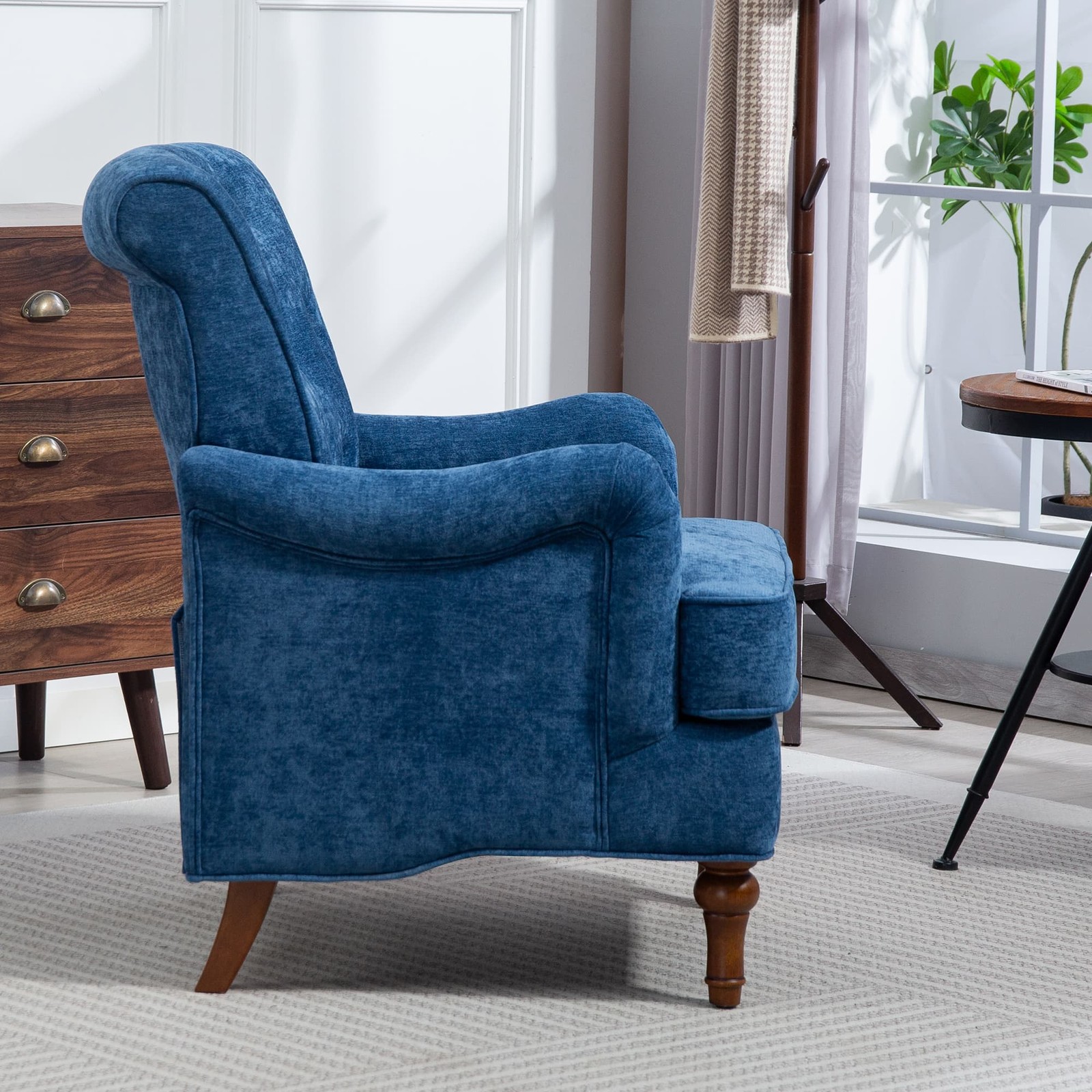 Blue Chenille Accent Chair 300LBS Upholstered Springs Cushions Retro Wooden Legs