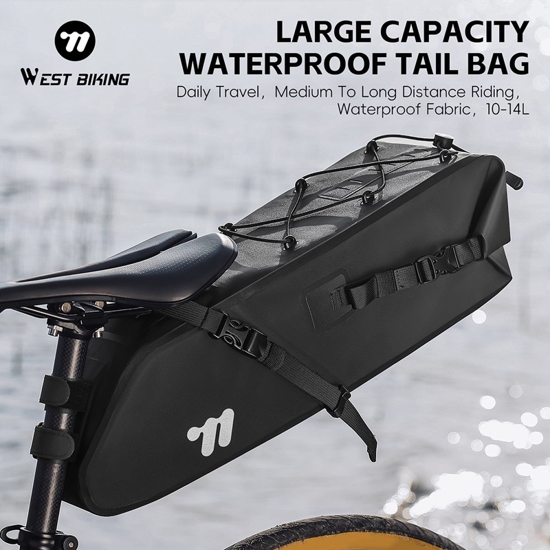 WEST BIKING Full Waterproof Bike Saddle Bag Cycling Seat Tail Bag Black 10-14L