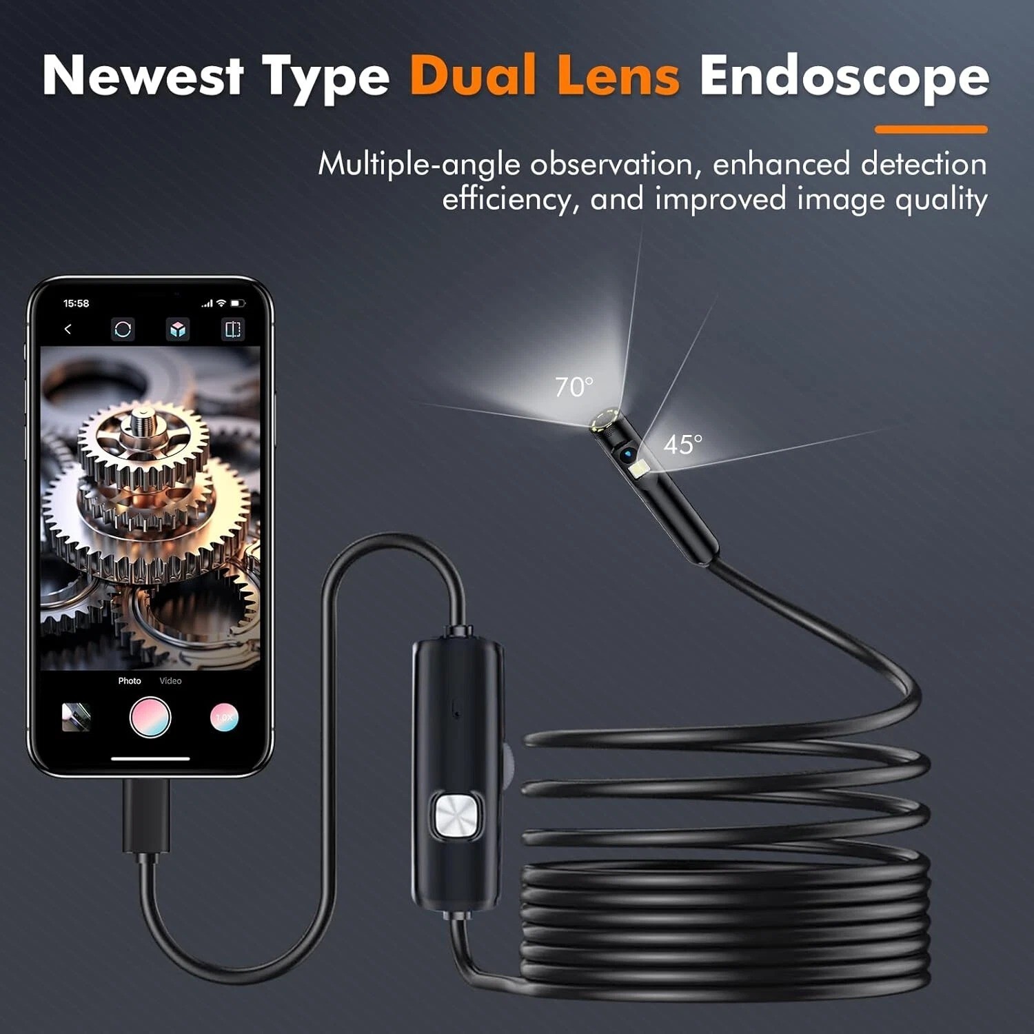 Dual Lens Endoscope Camera with Light Borescope 1920P HD Inspection Camera with