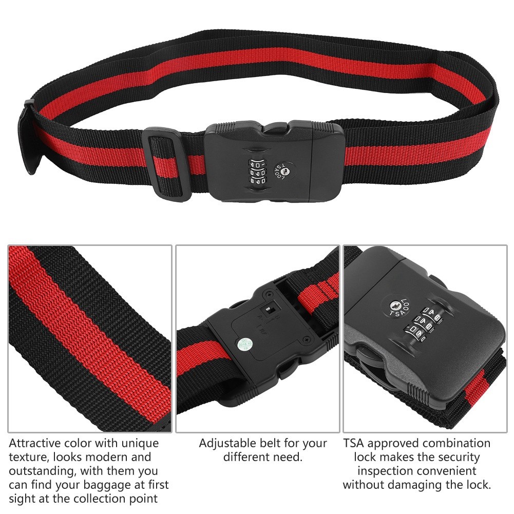 Luggage Strap Cross Travel Suitcase Belt TSA Combination Lock Black Red