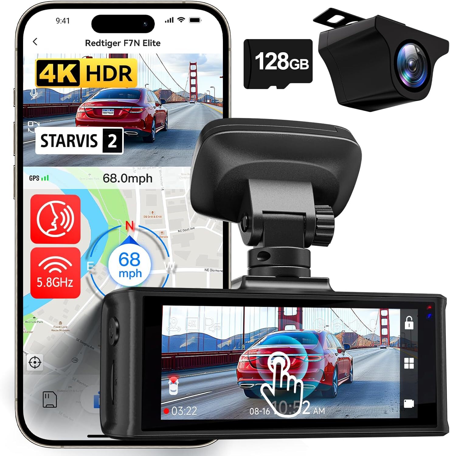 REDTIGER 4K HDR Dash Cam Front and Rear F7N ELITE, STARVIS 2 Sensor,WiFi,WDR,GPS
