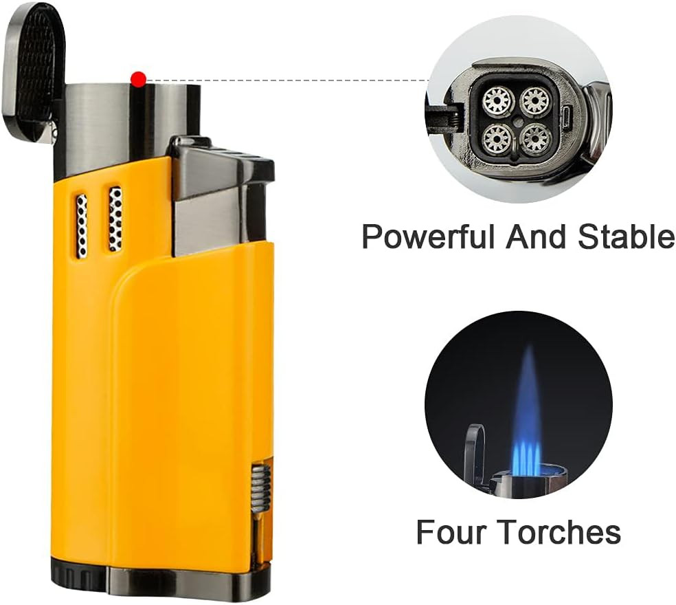 Torch Lighter with Punch 4 Jet Refillbale Lighters Windproof (Yellow)