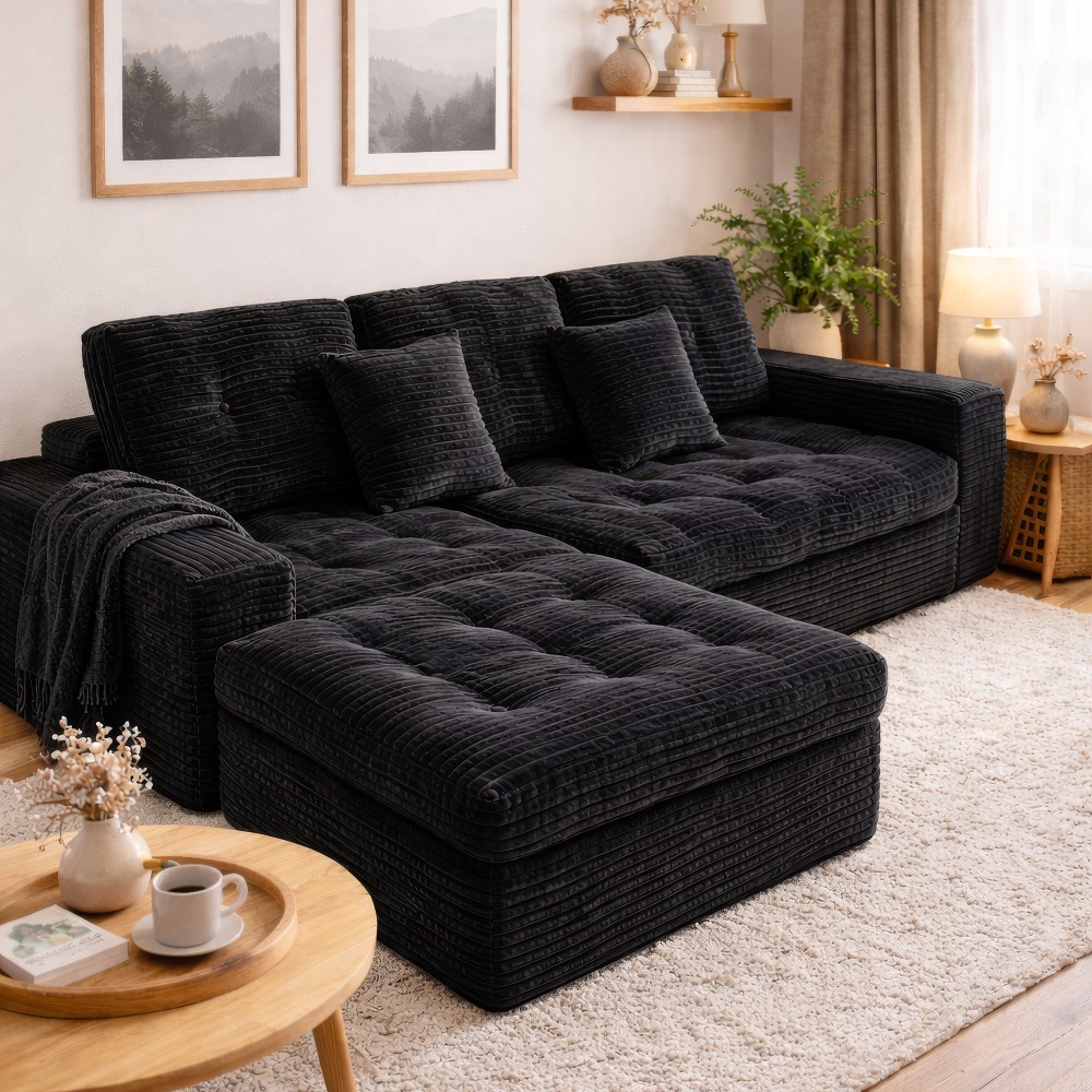 Modular Cloud Sectional Sofa 105" w/ Ottoman, All-Foam, Faux Fur, Black