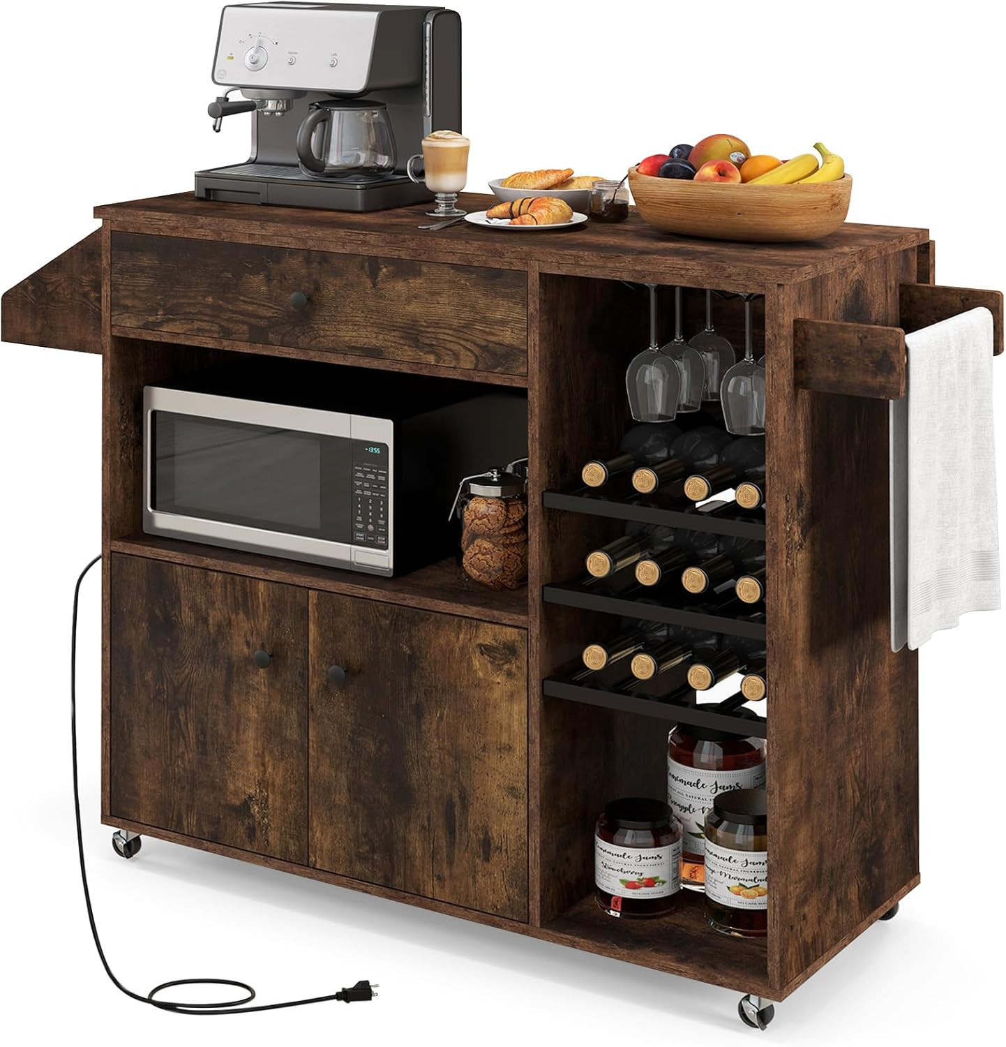 Kitchen Island Cart with Drop-Leaf & Power Outlet, Rolling Kitchen Cart on Wheel