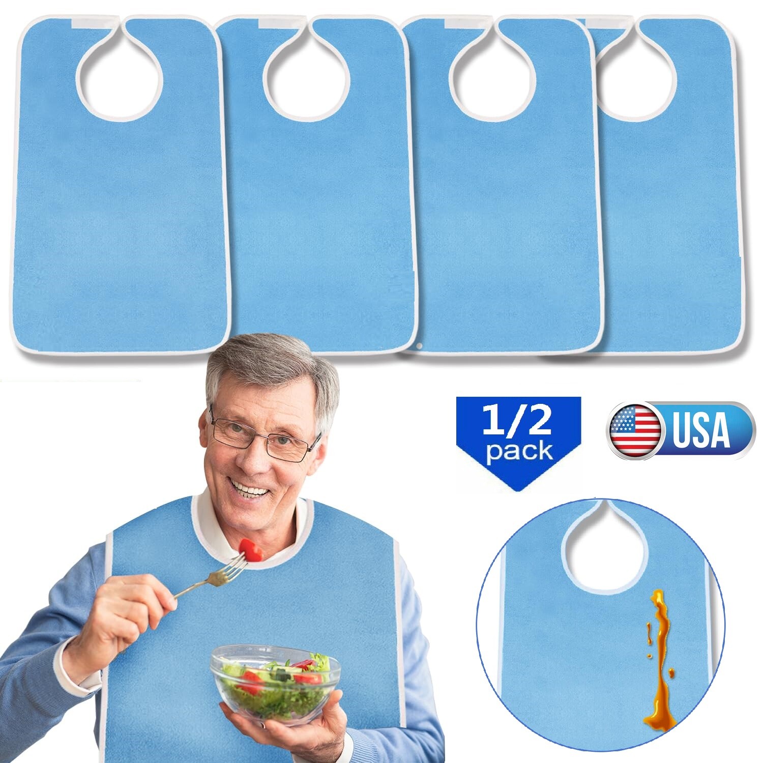 2× Washable Adult Bibs Eating Clothing Protectors Easy to Clean & Crumb Catcher