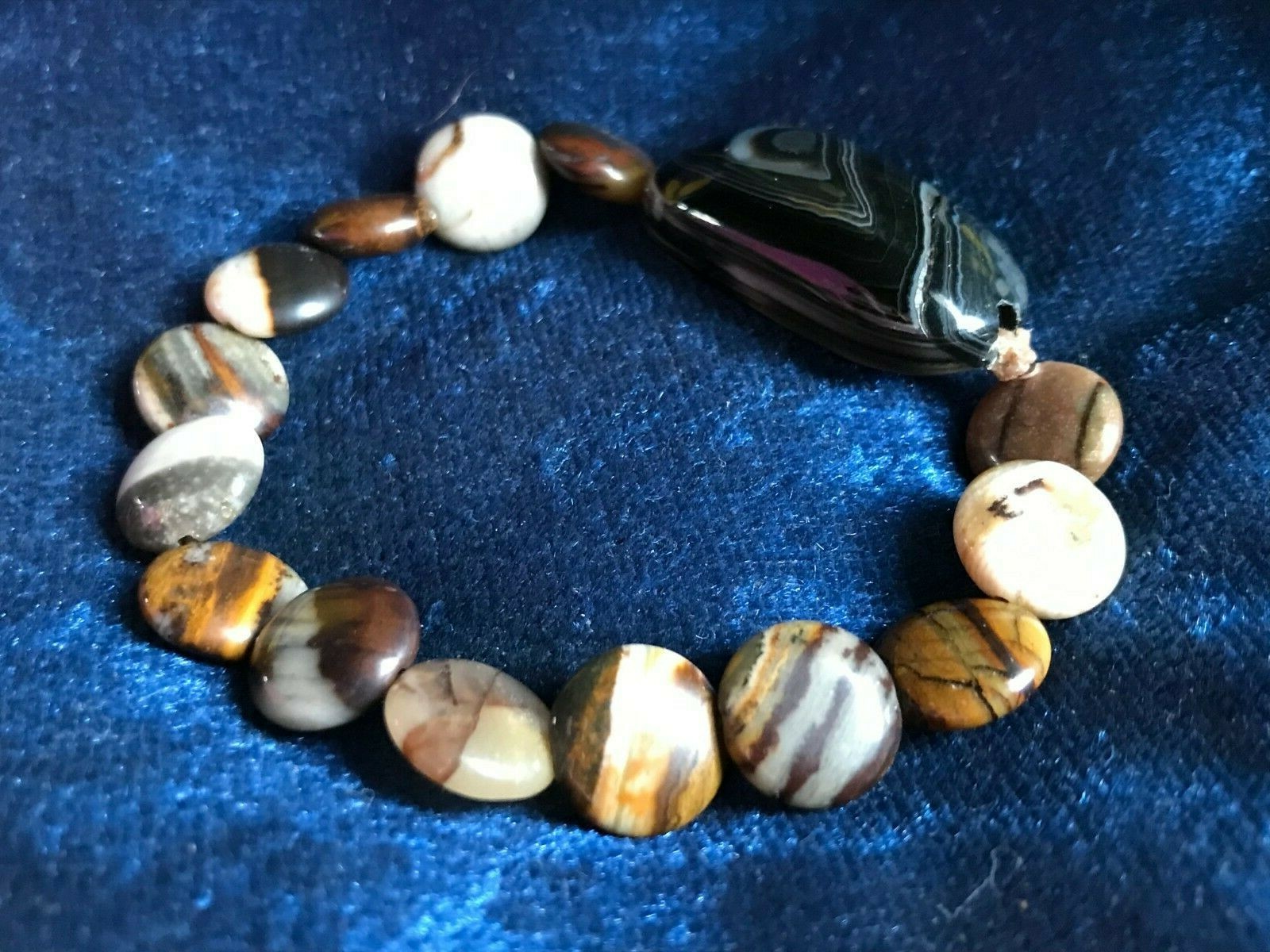 Handcrafted Designer Artisan UNIQUE Flat Round Stone Statement Stretch Bracelet