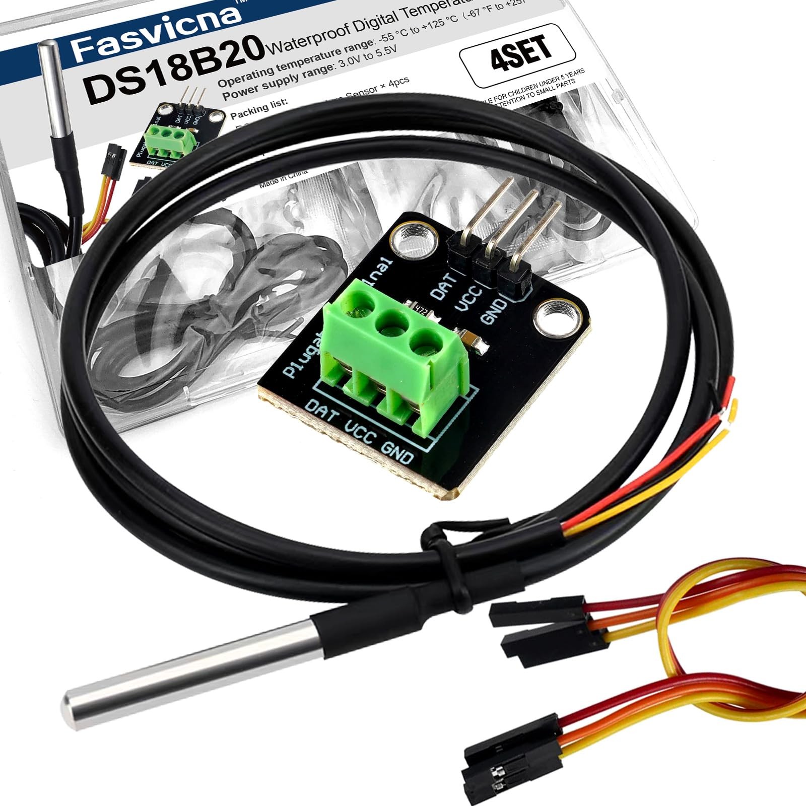 DS18B20 Digital Waterproof Temperature Sensor Probes Plugin Adapter 4Pack
