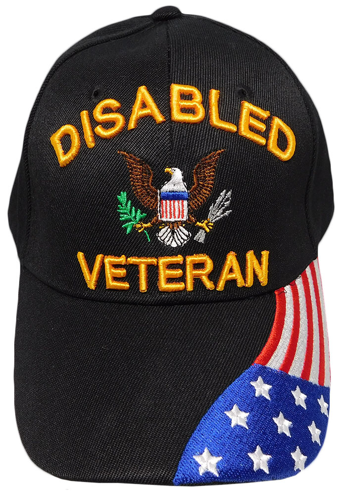 DISABLED VETERAN Cap/Hat with Eagle & Flag, Black Military Hat LICENSED