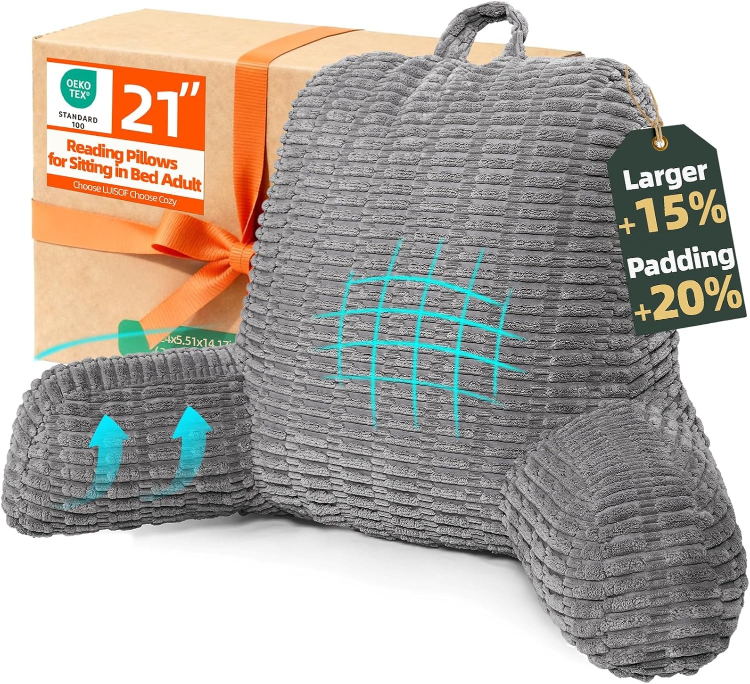 21 Inch Large Reading Pillow Memory Foam Back Support With Arm Rest Gray
