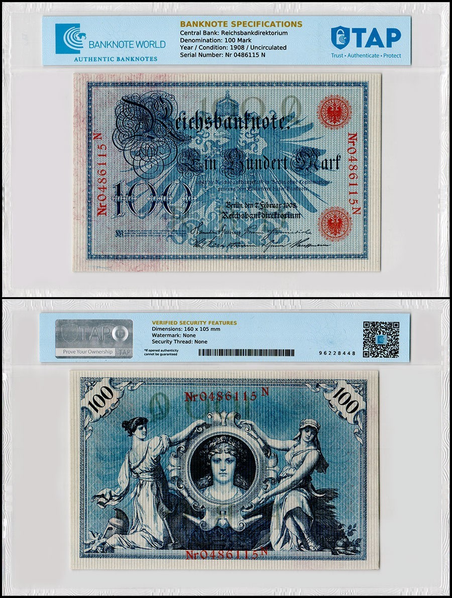 Germany 100 Mark, 1908, P-33a, UNC, TAP Authenticated