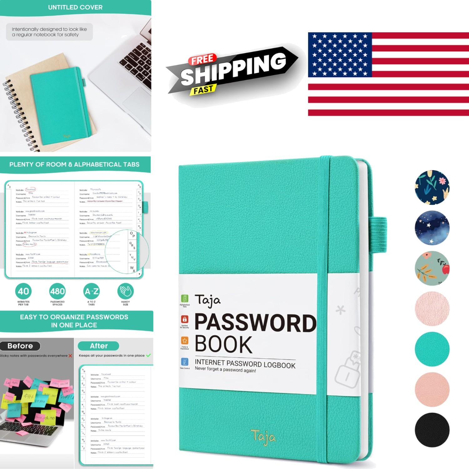 Small Password Notebook with Alphabetical Tabs for Easy Access Aquamarine Color