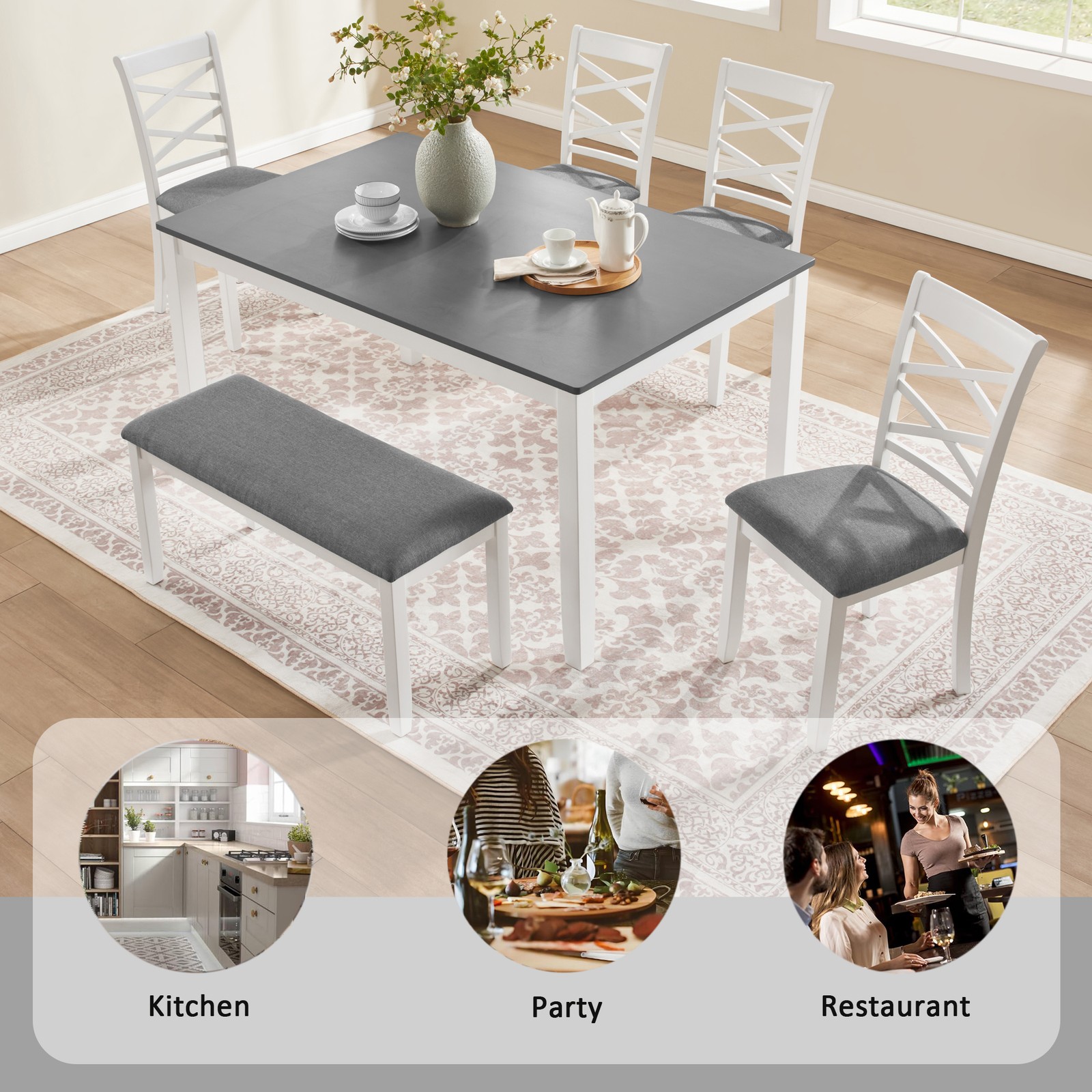 6-Piece Rectangular Wood Dining Table Set w/ Bench & 4 Upholstered Chair Modern