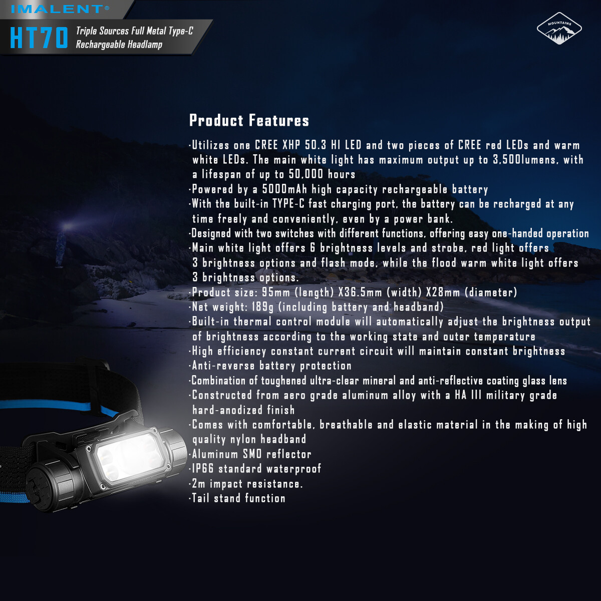 IMALENT HT70 3500 Lumen LED Rechargeable Headlamp Flashlight Waterproof Light