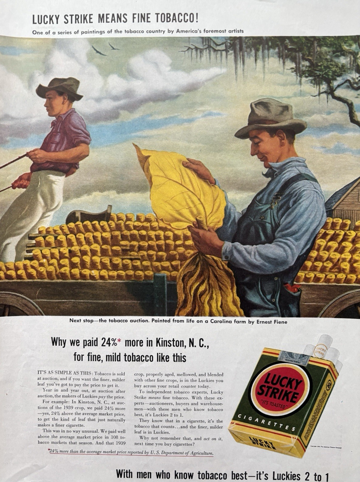1942 Lucky Strike Cigarettes Tobacco Carolina Farm Ernest Fiene Vintage Print Ad