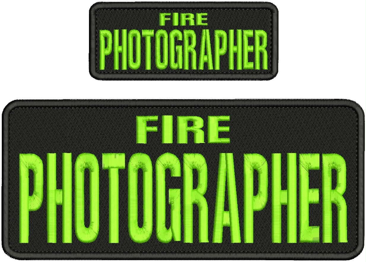 FIRE PHOTOGRAPHER EMBROIDERY  PATCH 4X10 AND 2X5 . HOOK ON BACK LIME ON BLACK