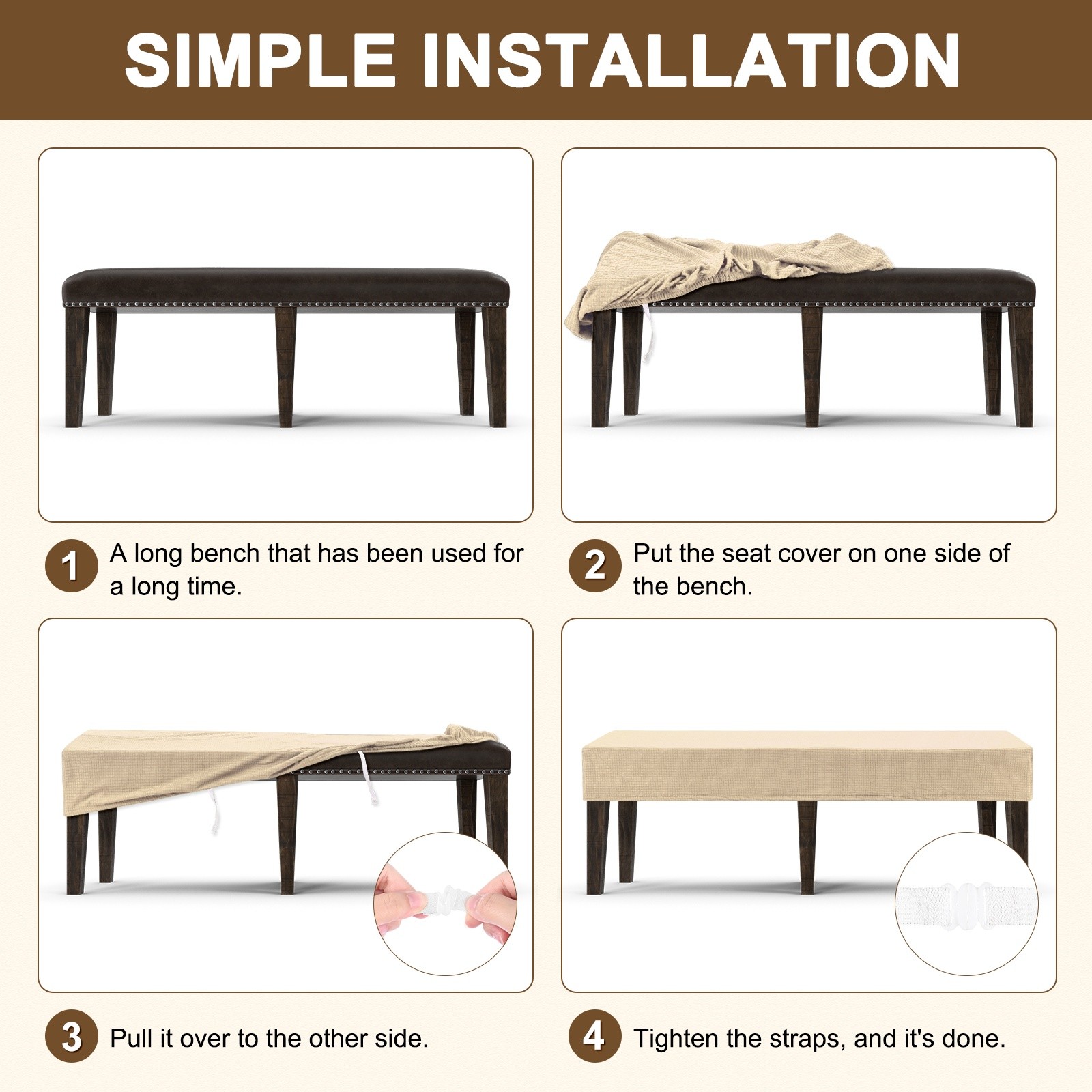 Jacquard Bench Slipcover, 49 - 63" Solid Bench Seat Cover [Khaki, L]
