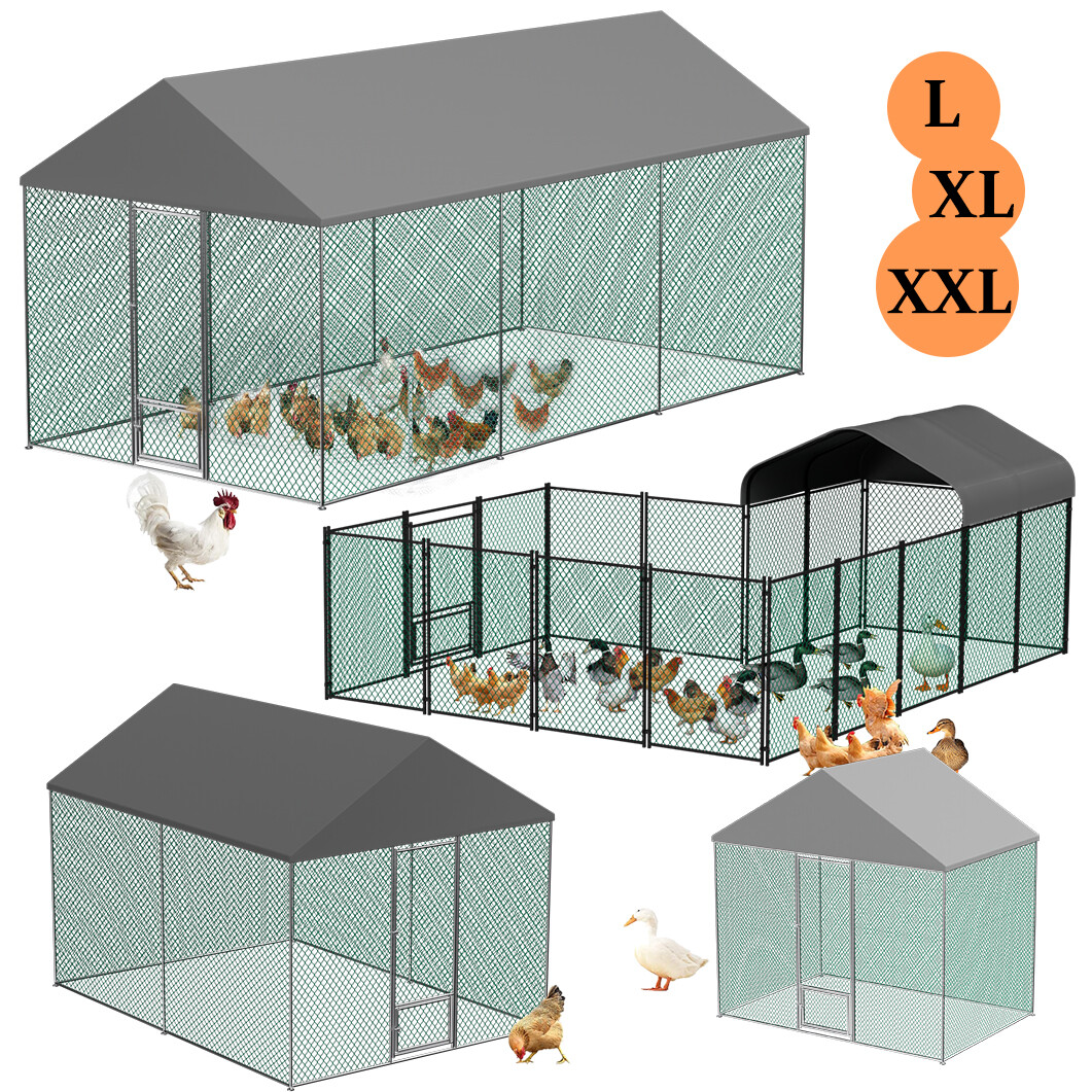 Large Metal Chicken Coop Run Walkin Poultry Cage w/ Peaked Roof Hen Rabbit House