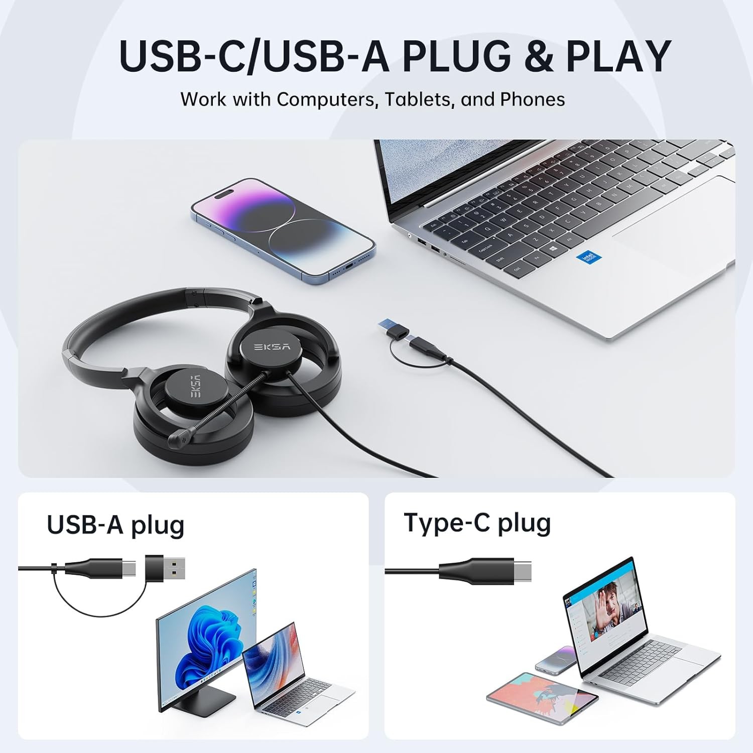 EKSA H27 USB Computer Headset with Microphone for Work, PC Headset with Noise Ca