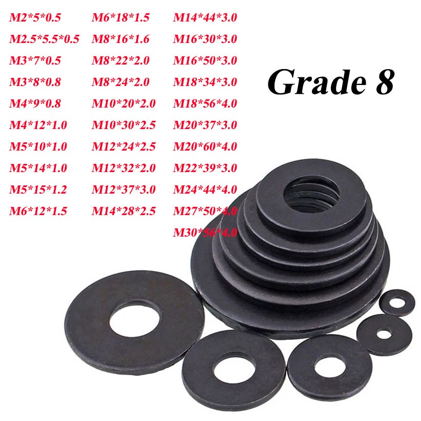 Black Flat Metal Washers Grade 8 - M2 M3 M4 M5 M6 M8 M10 M12 M16 M20 M22 M24
