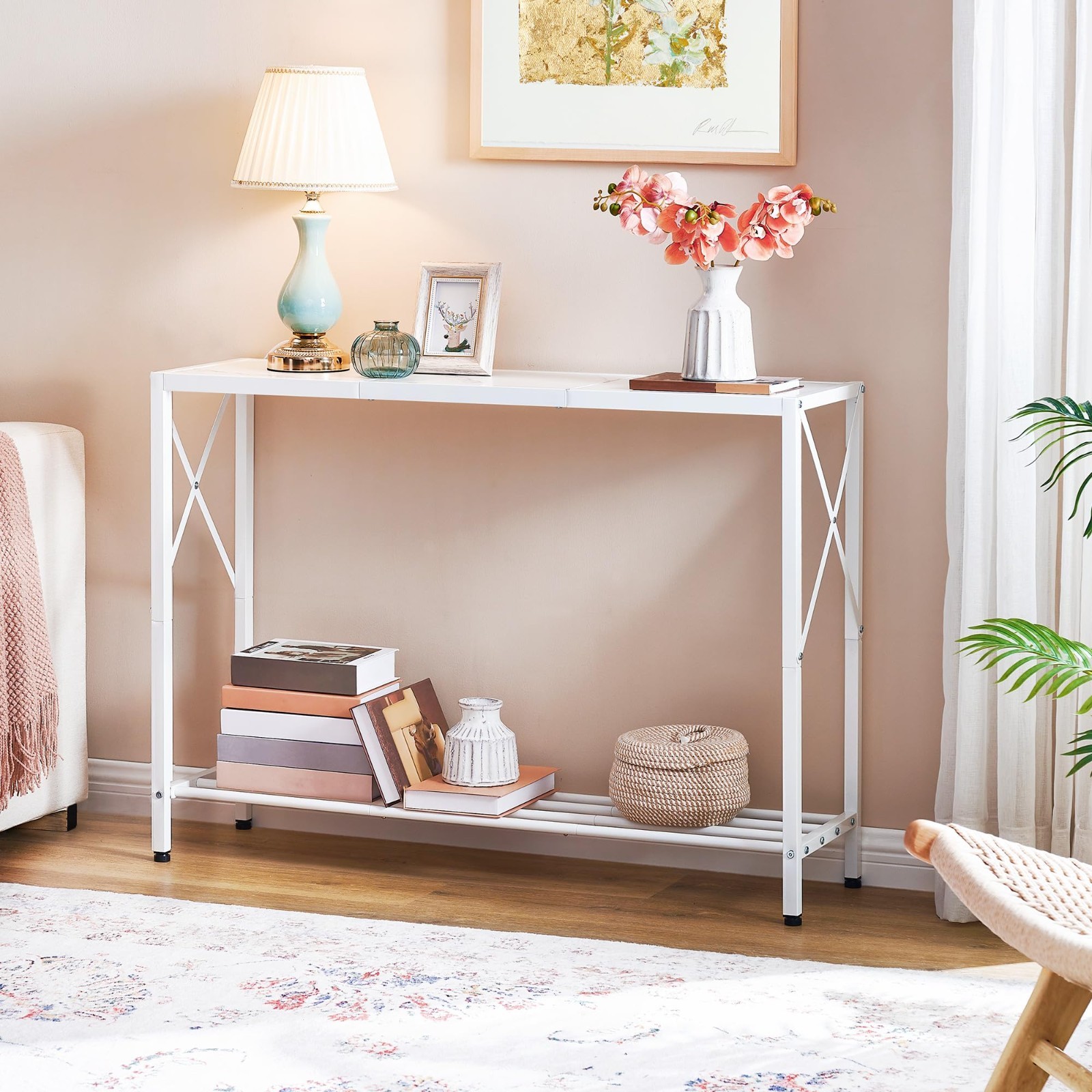 Narrow Console Table 41.8” - 2-Tier Entryway Sofa Table with X-Frame & Shelves,