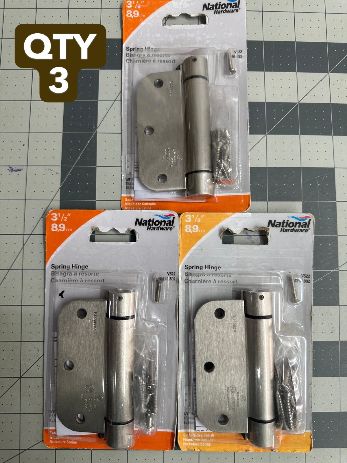New 3-pack lot National Hardware N350-892 Spring Hinge Steel Satin Nickel 3.5"