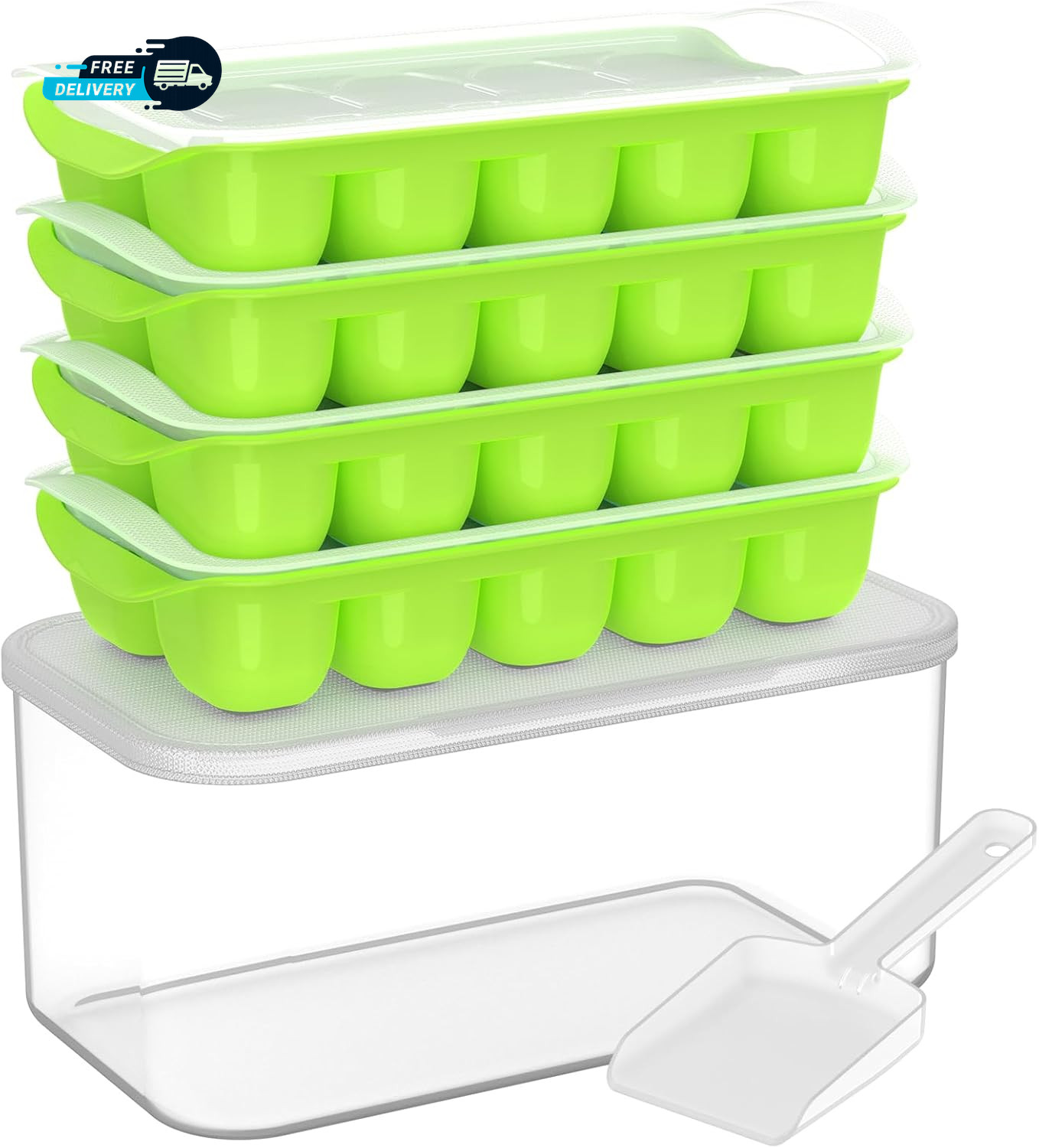 Ice Cube Tray with Lid and Bin  4 Pack Ice Bucket Kits Stackable Silicone