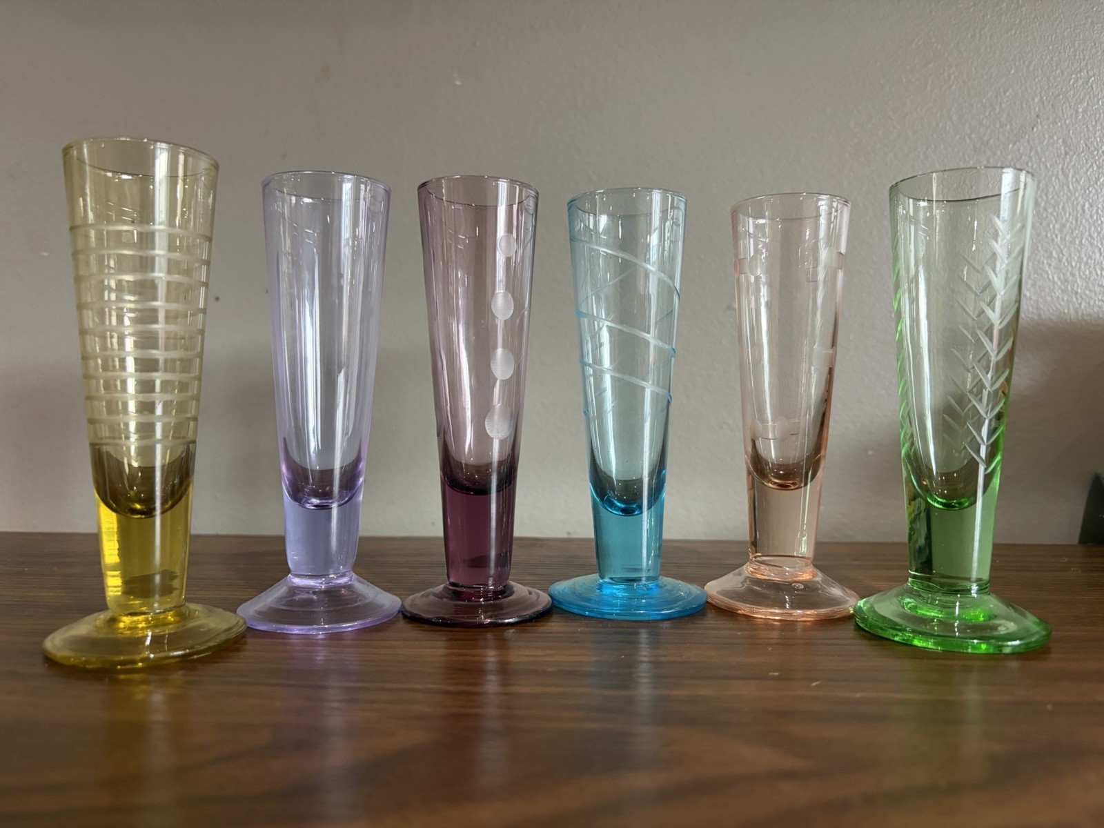 6 Multicolored Vintage Etched Shot Glasses One Is Neodymium