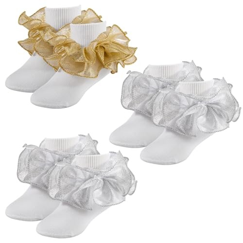 Girls Ruffle Socks 8-10 Years 2 Pairs Silver Ruffles + 1 Pair Gold Ruffles
